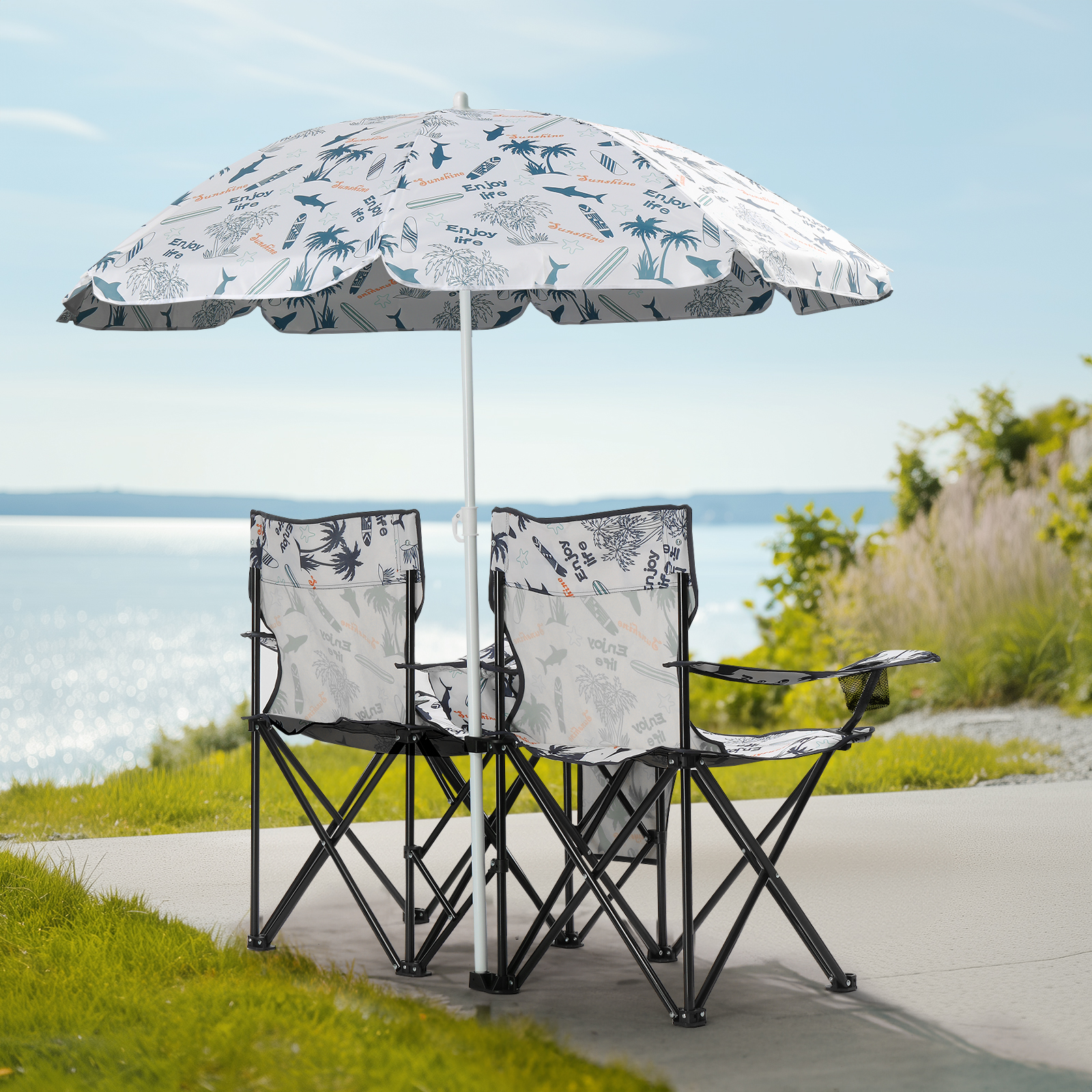 Silla de Pesca con Patrón de Palmera de Coco, con Sombrilla, Sillas de Camping — imagen 6