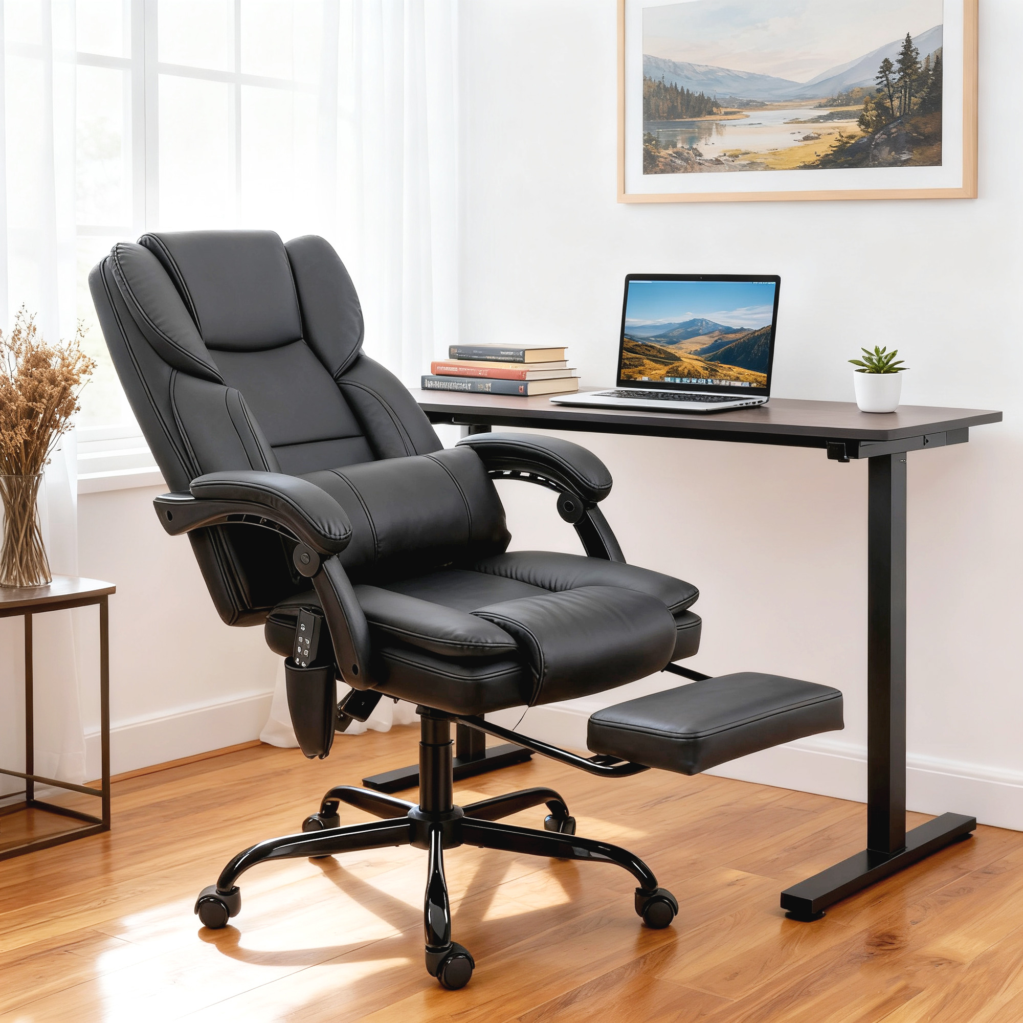 Office Chair with Massage, Pet-Friendly Faux Leather Reclining Desk Chair with Lumbar Support, Footrest, Black — image 1