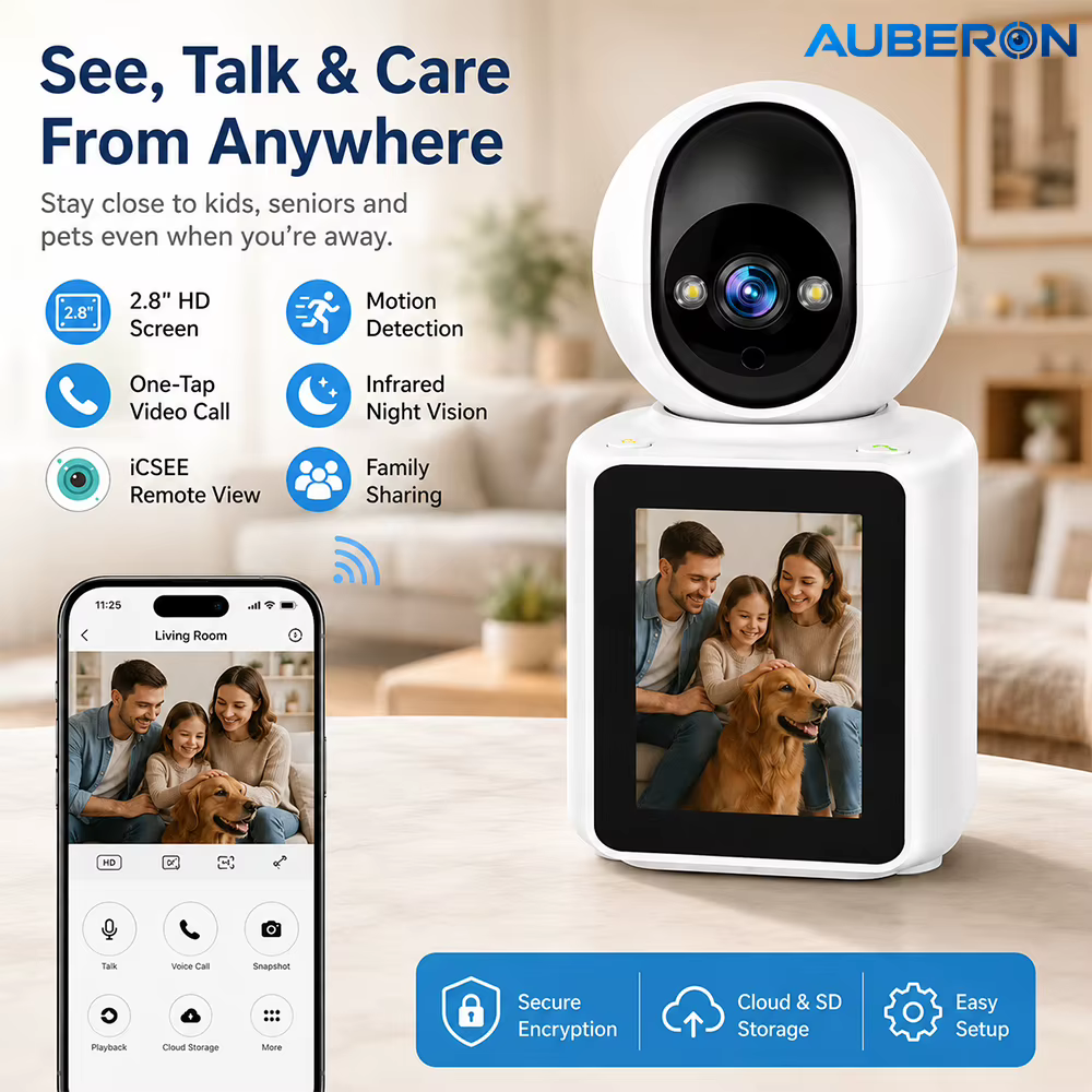 2MP WiFi Indoor Security Camera with 2.8in Screen Two Way Video Call Motion Tracking Night Vision ICSEE App Baby Pet Monitor P2P