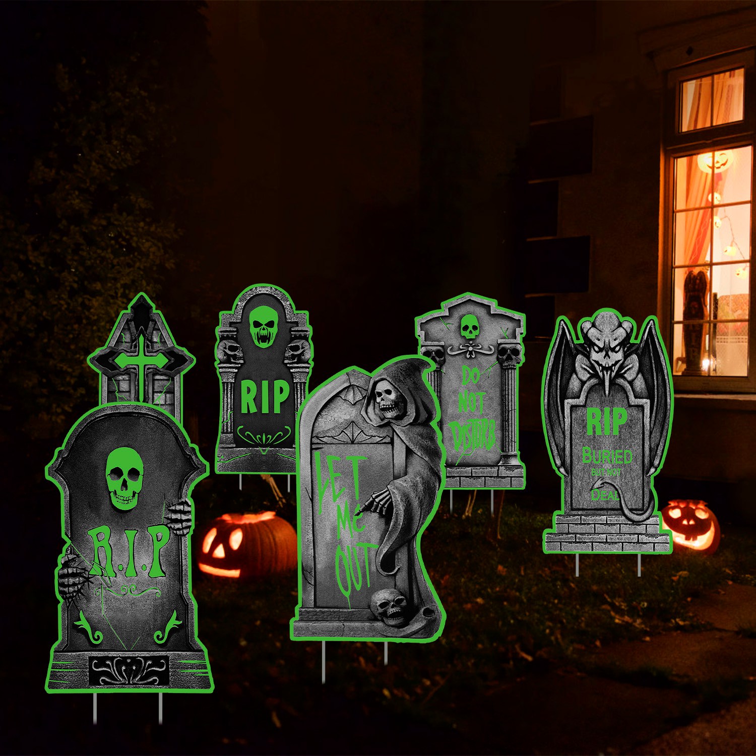 Decoraciones de Jardín para Halloween: 6 Calaveras, 6 Tumbas o 5 Gatos Negros, Brillan en la Oscuridad, para Casa Embrujada, Jardín, Patio y Fiestas de Temática Terrorífica — imagen 24