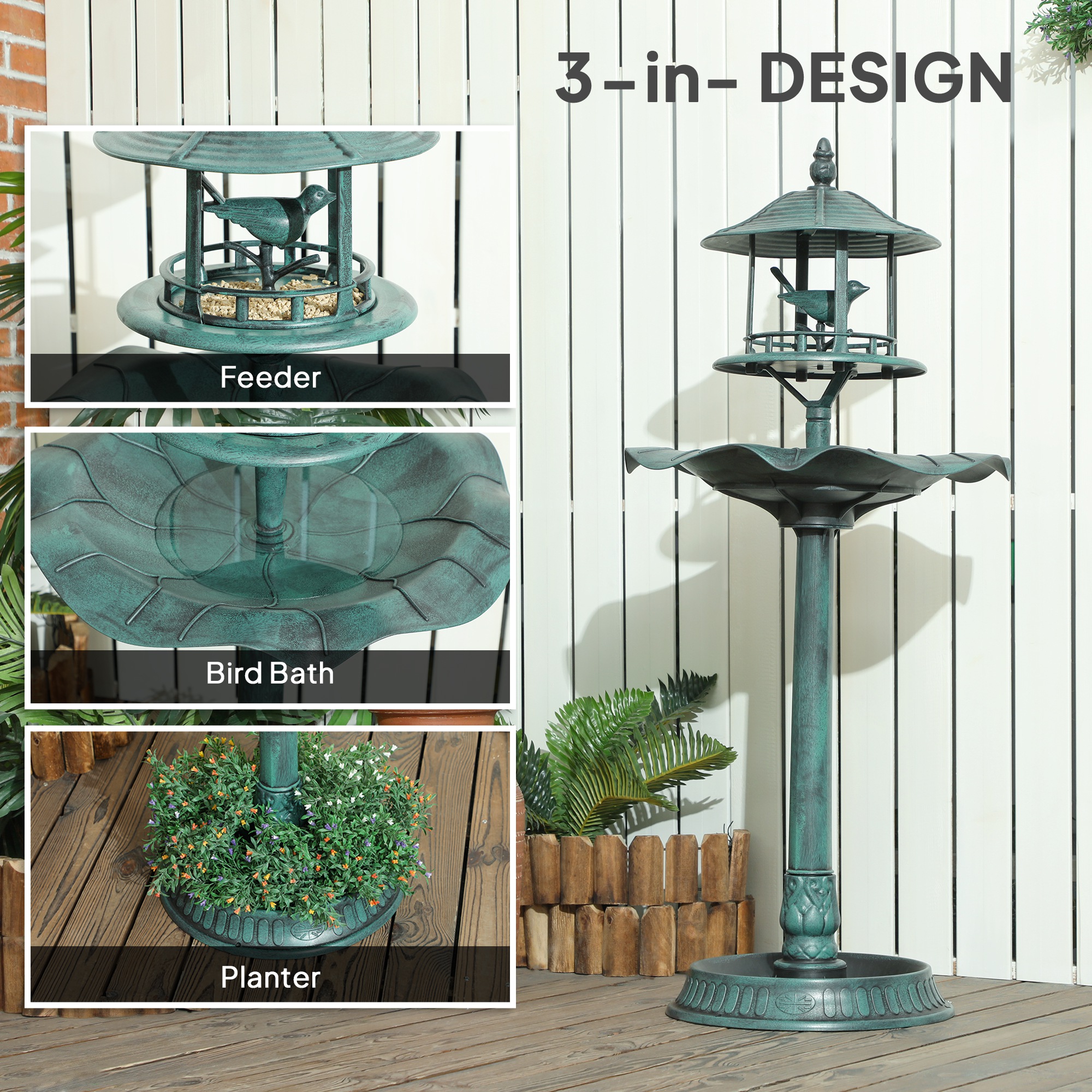 Bebedero para Aves de Jardín 3 en 1 con Pedestal, Comedero para Aves, Amplio Recipiente de Agua y Macetero Inferior para Flores, Verde — imagen 8