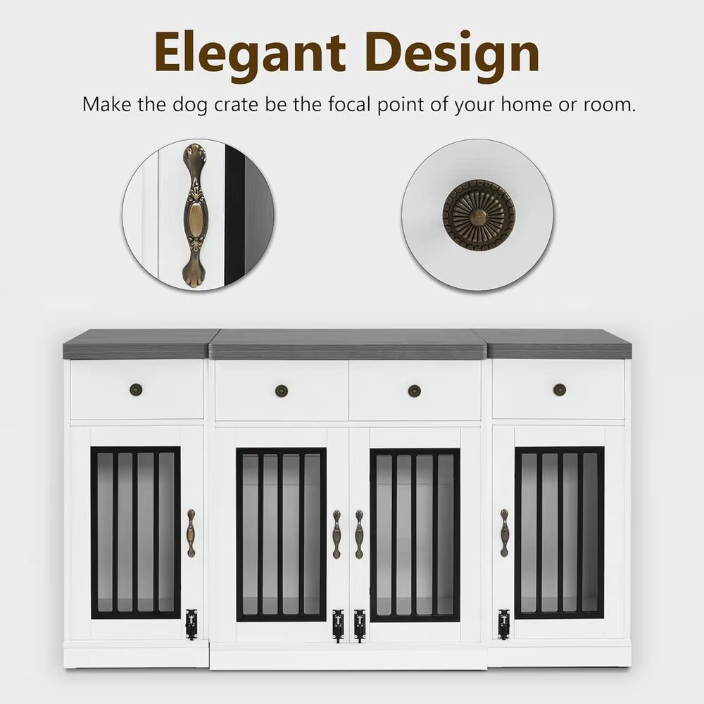 Caja para Perros Grande/Medio de Madera con 4 Cajones y 4 Puertas Con Bloqueo, Sofá para Mascotas con TV, Blanco y Gris — imagen 5