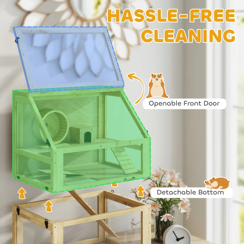 3 Tier Wooden Hamster Cage W Detachable Bottom, Hut, Seesaw, Exercise Wheel, Ramps — imagen 6