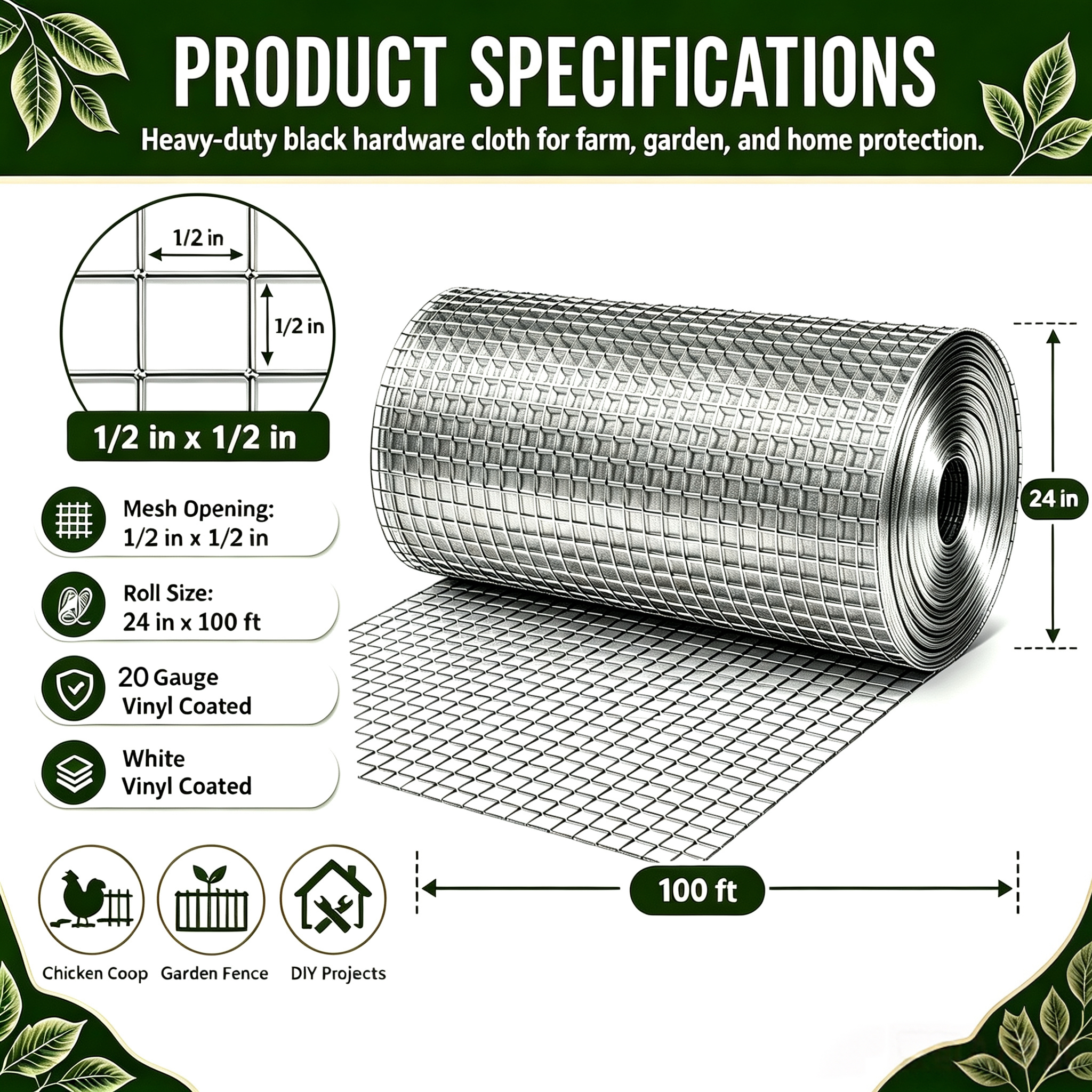 Malla Metálica Blanca de 24in x 100ft, Rollo de Alambre de Gallinero Soldado de 1/2 Pulgada, Cerca para Jardín y Plantas, Apta para Gallineros y Renovación del Hogar — imagen 7