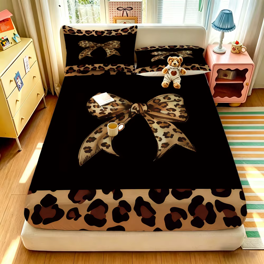 Juego de Sábanas sin Relleno de Verano con Estampado de Leopardo y Moños 3 Piezas, Varios Tamaños, Ropa de Cama Cómoda, Decoración, Lavable a Máquina — imagen 1