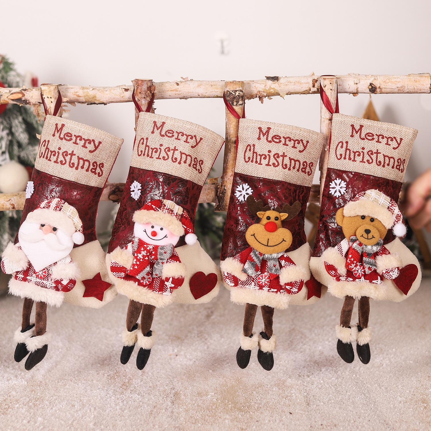 Christmas Children's Gift Linen Checkered Gift Bag Long Leg Old Man Snowman Elk Doll Christmas Socks — image 8