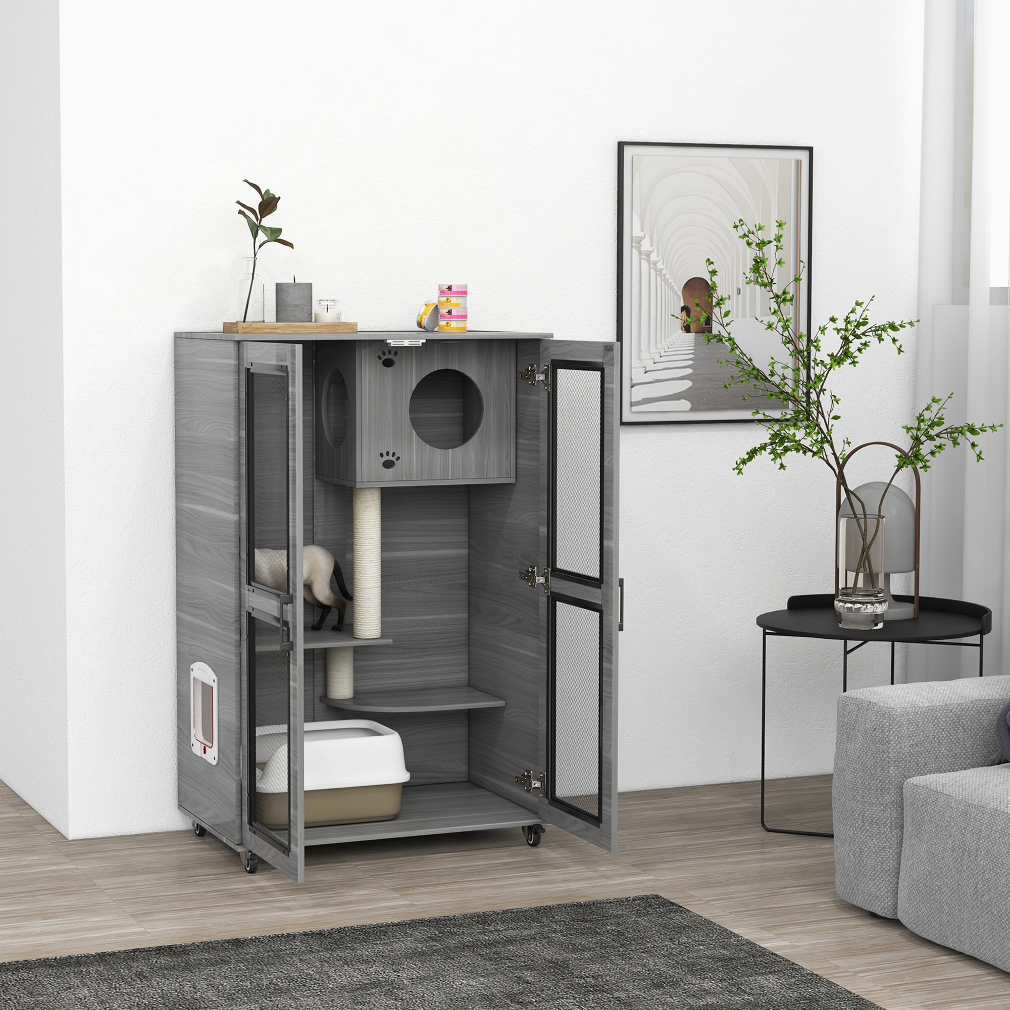 Cat Tree House with Scratching Post and Wheels, Gray — image 8