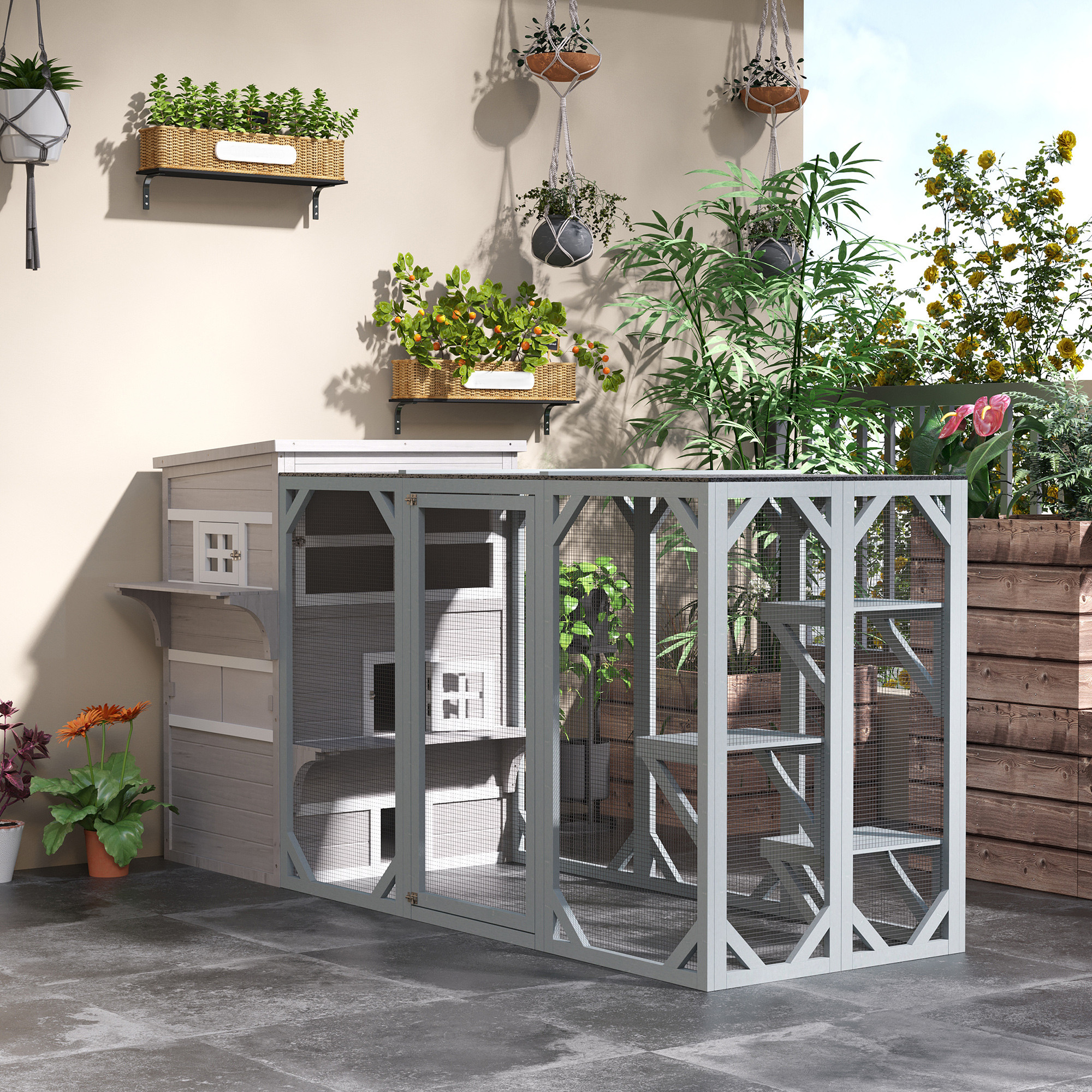 Casa de Jardín para Gatos, 3 Niveles con 5 Puertas de Escape, Resistente al Tiempo, Gris y Blanco — imagen 8