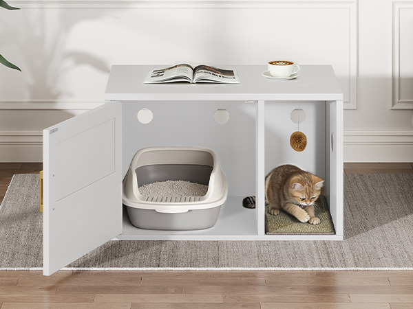 Caja de Limpieza para Gatos Multifuncional de Diseño Blanco Moderno Casa para Gatos con Lavabo y Mesa de Sílabo para Dormitorio y Salón — imagen 12