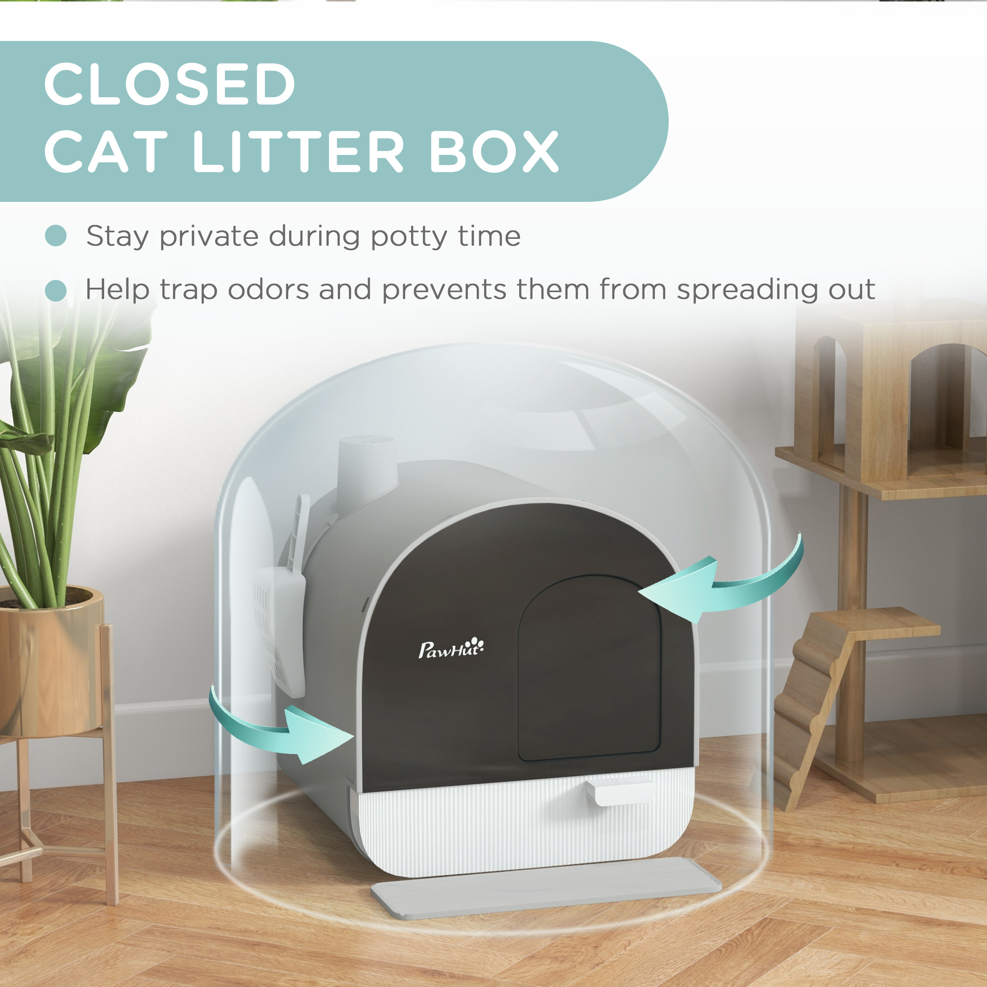 Cat Litter Box with Lid with Scoop and Filter, Light Gray — imagen 4