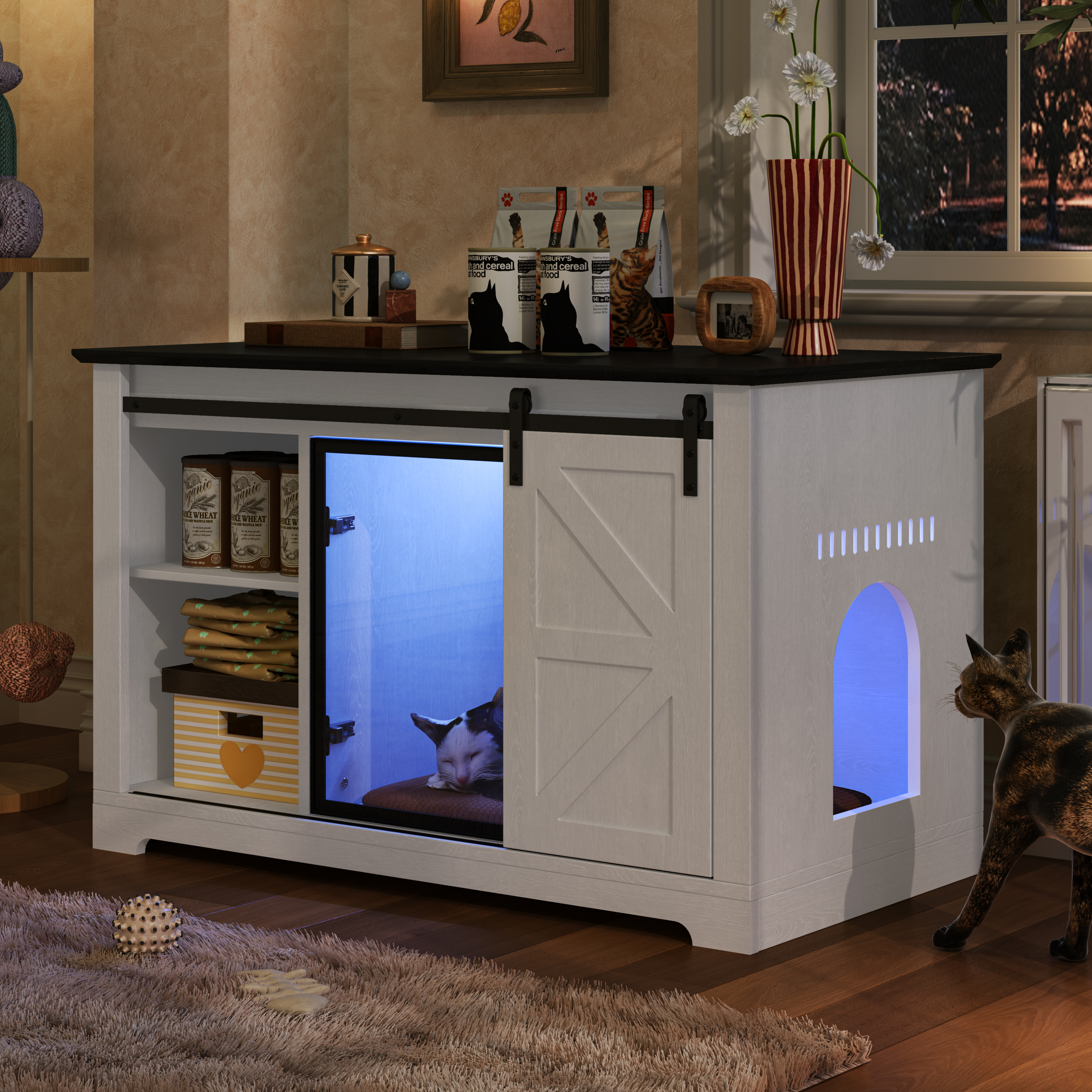 Mueble ocultador de arenero de 46" estilo granja con puerta corrediza tipo granero, blanco, puerta grande oculta de acrílico, gabinete para gato con luz LED, mueble para baño de gato con espacio de almacenamiento, mesita de noche tipo casa de gato, blanco — imagen 3