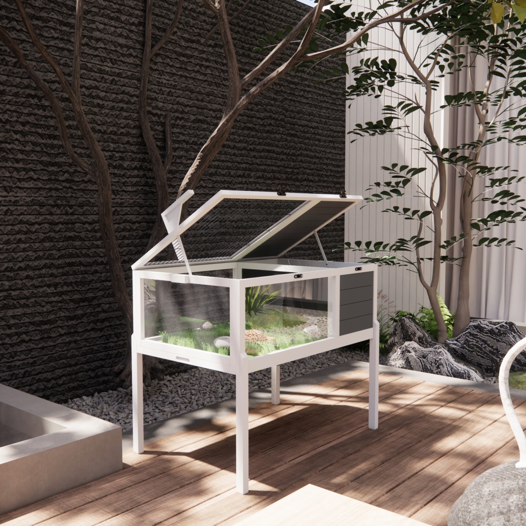 Hábitat de Reptiles Casa para Tortugas con Soporte de Lámpara, Gran Ventana de Observación, 2 Platos Impermeables, Patas Desmontables, Encierro de Madera Fácil de Limpiar para Tortugas, Lagartos, Geckos y Pequeños Animales Interior y Exterior — imagen 7
