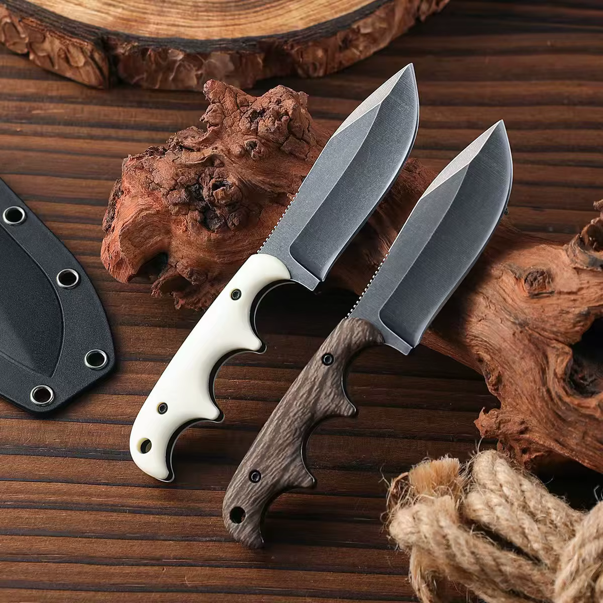 New outdoor small straight knife, stone washed blade camping edc survival knife, white/wood grain handle + k sheath tool — image 2