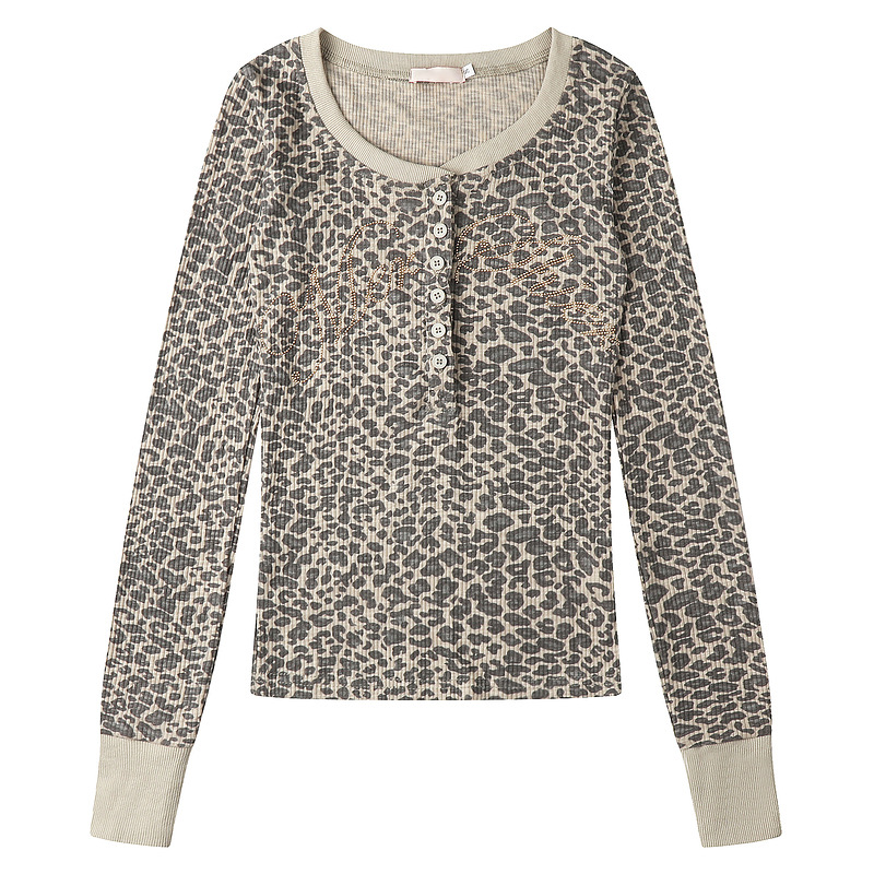Coffee gray leopard print vertical slim fit long sleeved T-shirt — image 2