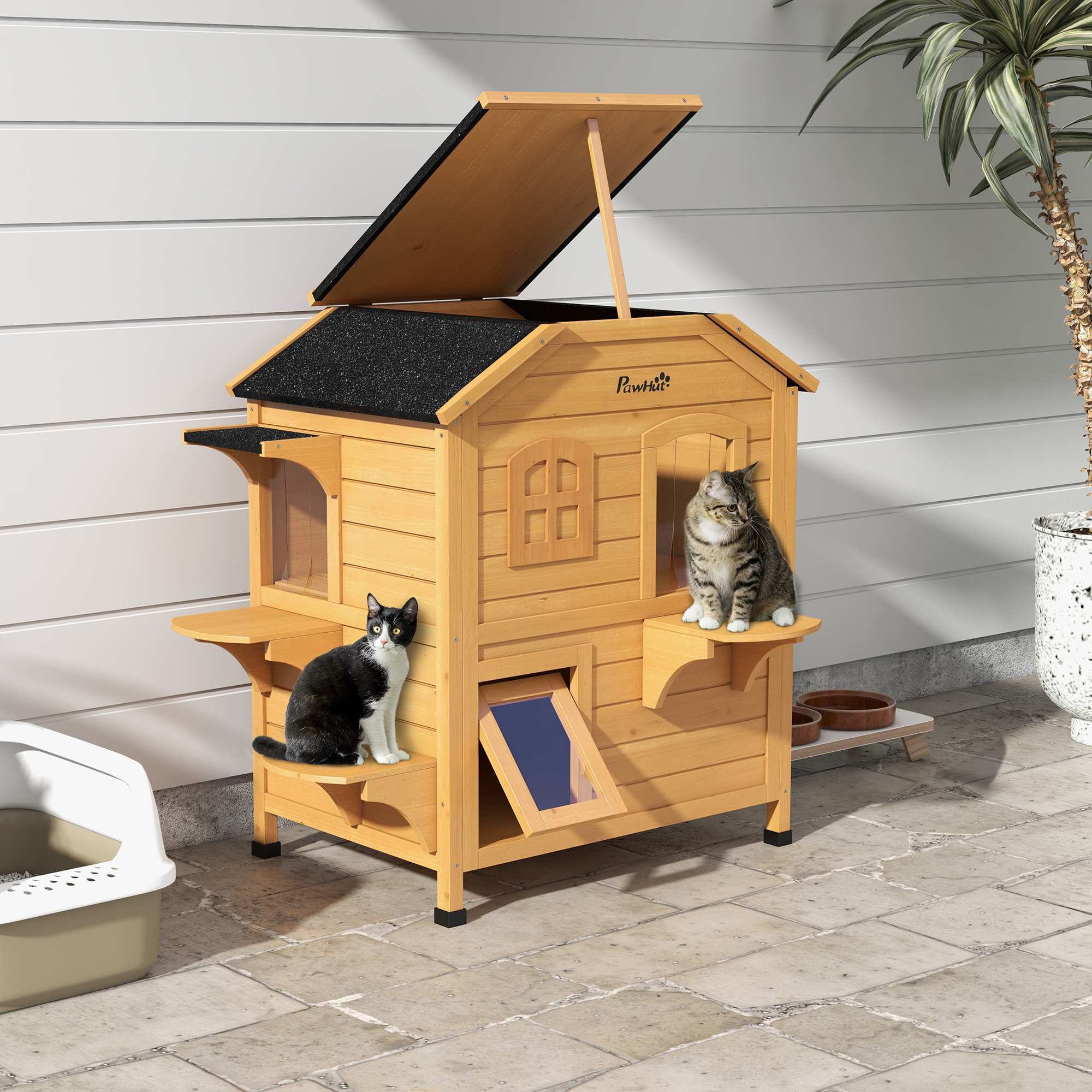 Casa Para Gatos Exterior de 2 Pisos, Recinto de Madera Resistente a la Intemperie Para Gatos Callejeros Con Puerta de Escape, Techo Abatible y Plataformas Para Saltar, Natural — imagen 1