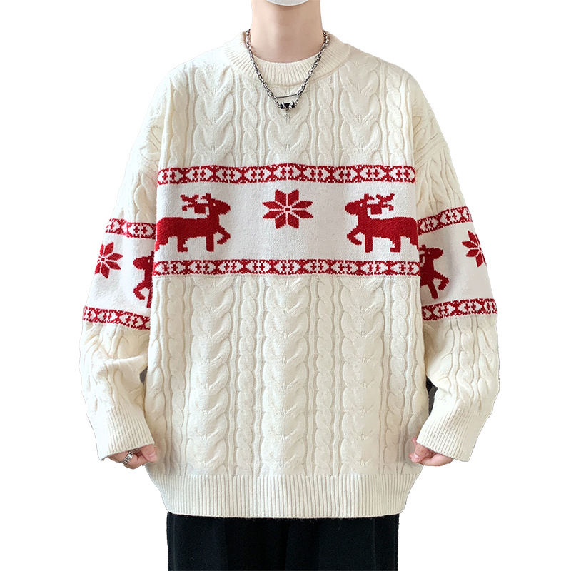 Thickened Casual Pullover Sweater with Jacquard Reindeer Pattern and Cable Knit Design — image 1