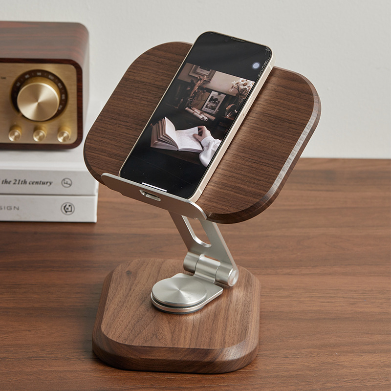 Walnut Wood Tablet Stand, Desktop Office Gaming Chicken Eating Adjustable Rotating Fixed Phone Stand, Wooden — image 2