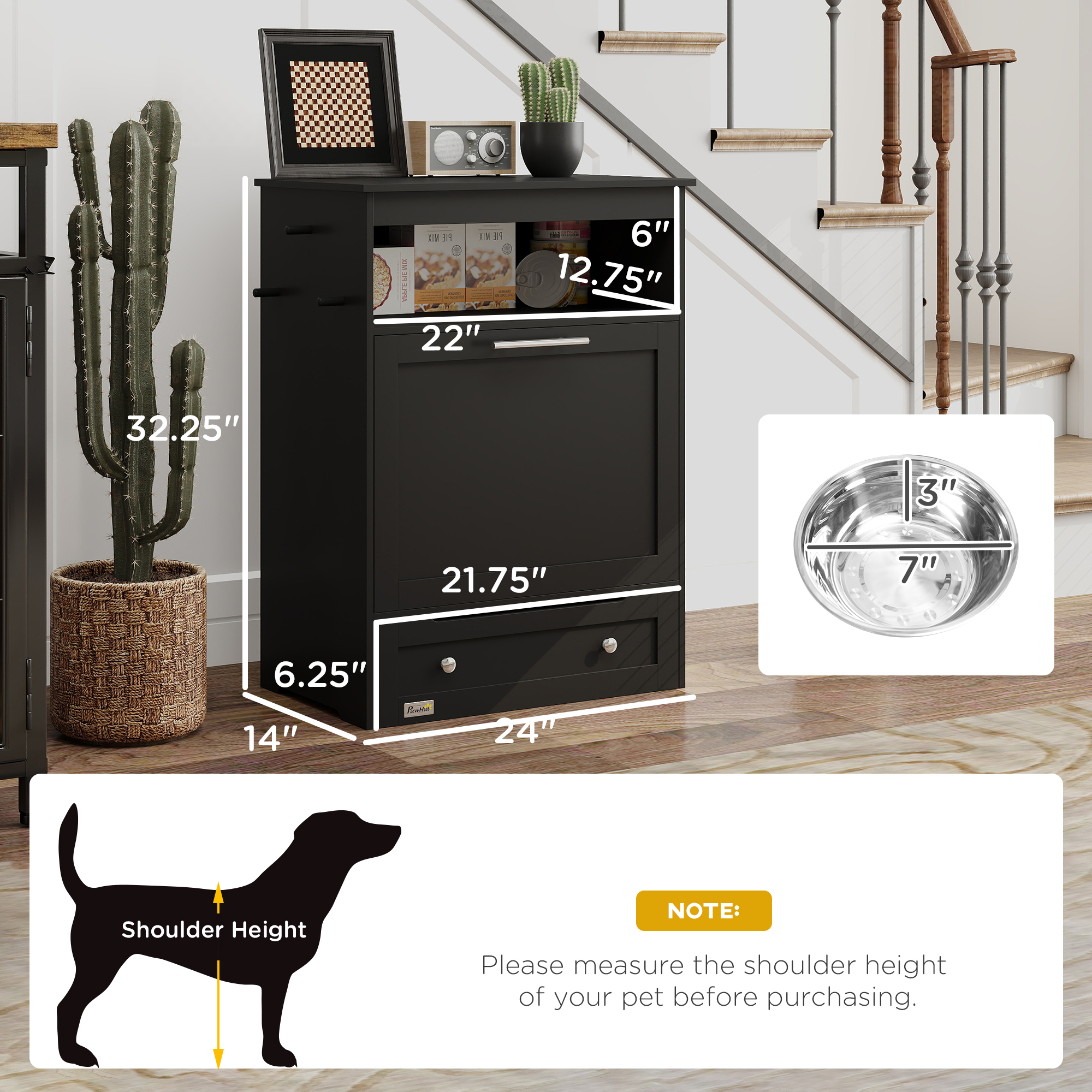 Pet Feeder Station Storage Cabinet, Dog Food Storage Container with Dog Raised Bowls, Watering Supplies, Black — image 5