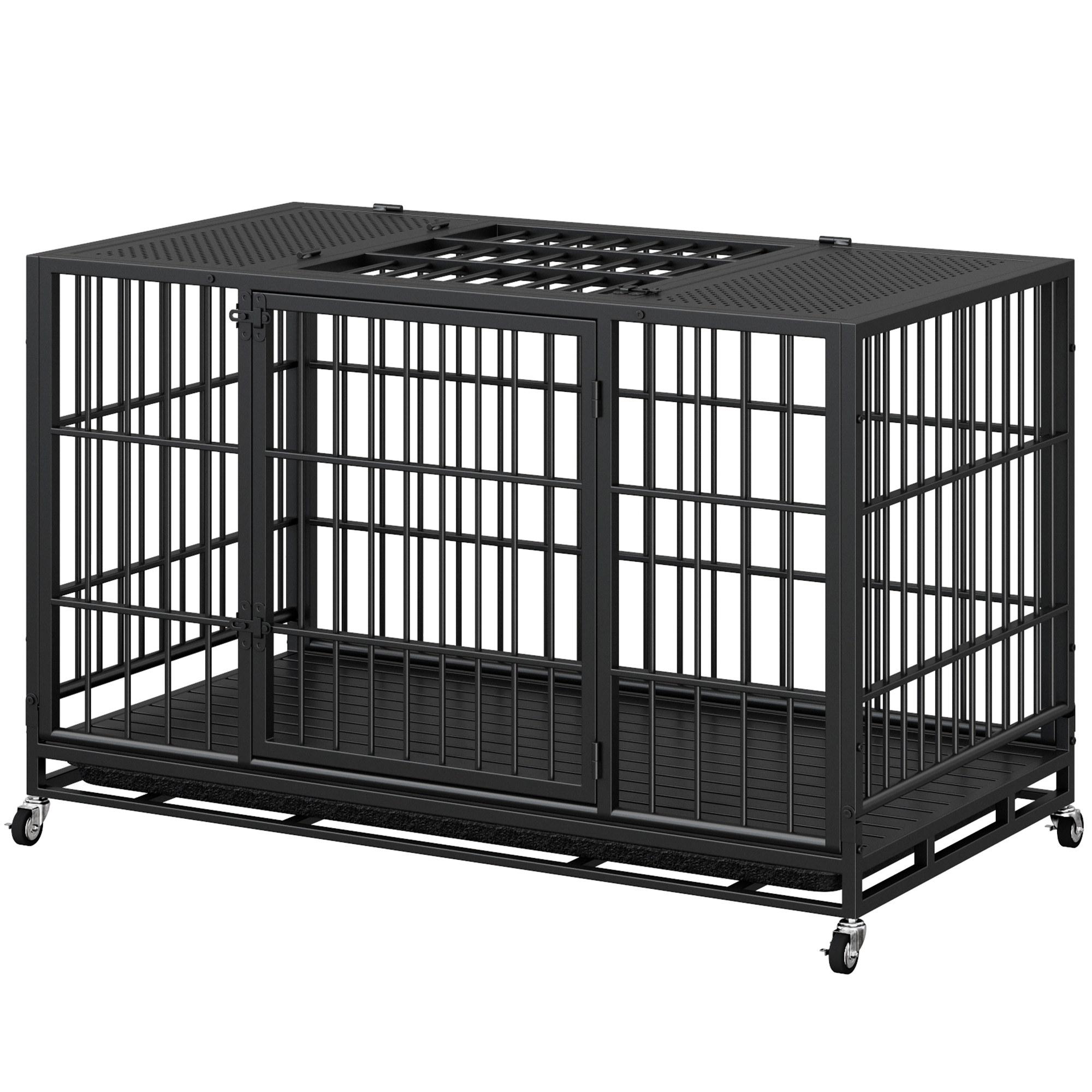 Heavy Duty Dog Crate, Mobile Pet Kennel with Lockable Wheels & Rotary Twist-Latch, Indoor Outdoor Metal Cage with Perforated Top — image 11