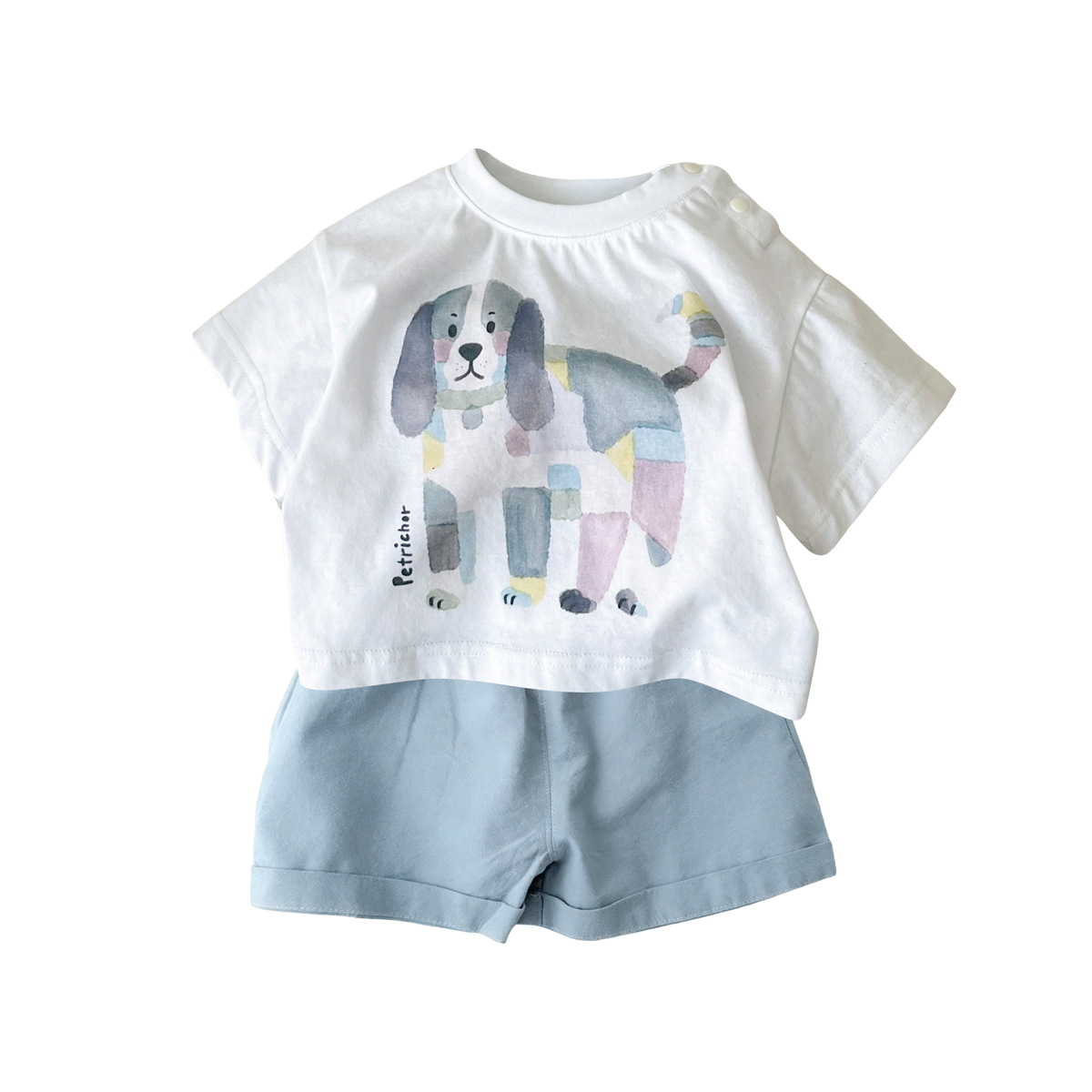 Conjunto de Dos Piezas Camiseta Corta Manga con Pecho de Perro y Pantalones Cortos para Niños Ligeros y Sueltos — imagen 2
