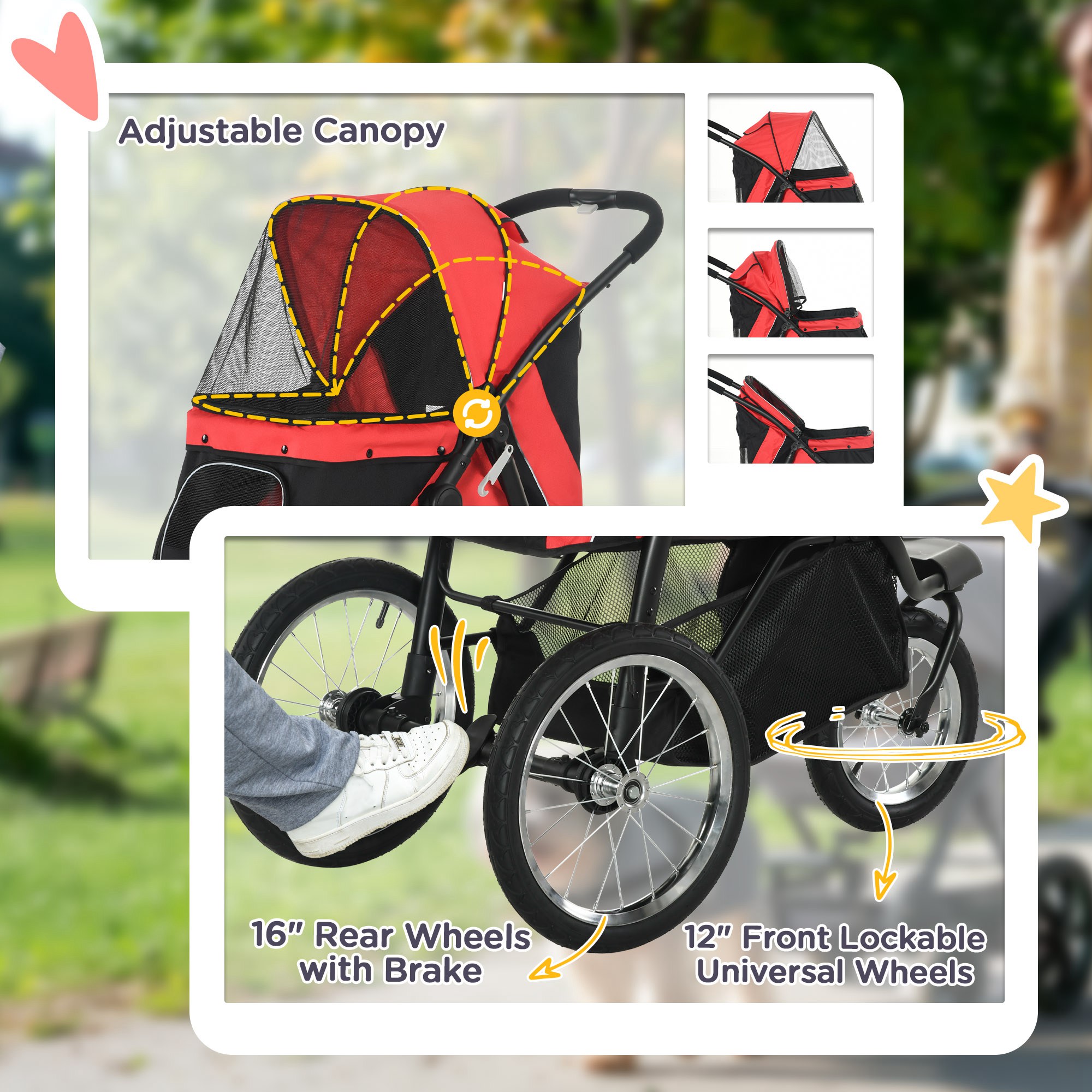 3 Wheels Pet Stroller for Small Dogs and Medium Dogs with Adjustable Canopy, Safety Tether, Storage Basket, Red — imagen 7