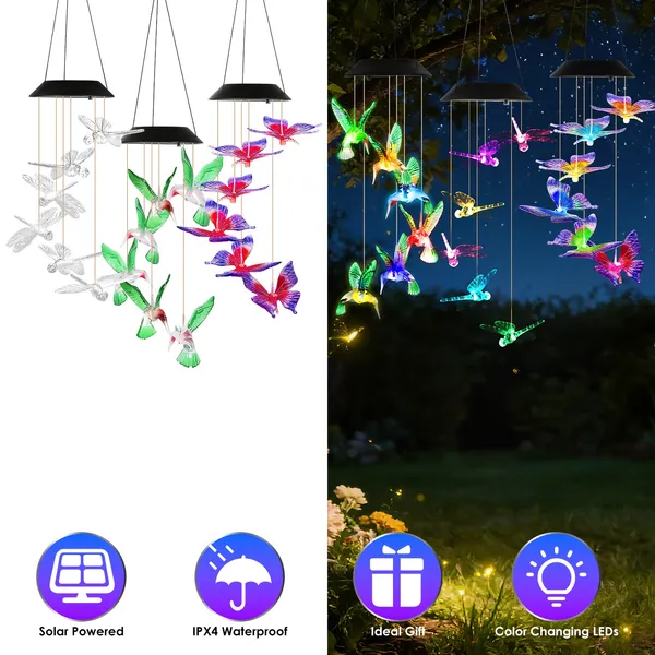 3Pack Solar Hummingbird Butterfly Dragonfly Wind Chimes 7 Color Changing Wind Chime For Outside IPX4 Waterproof Outdoor Garden Yard Decor — imagen 1