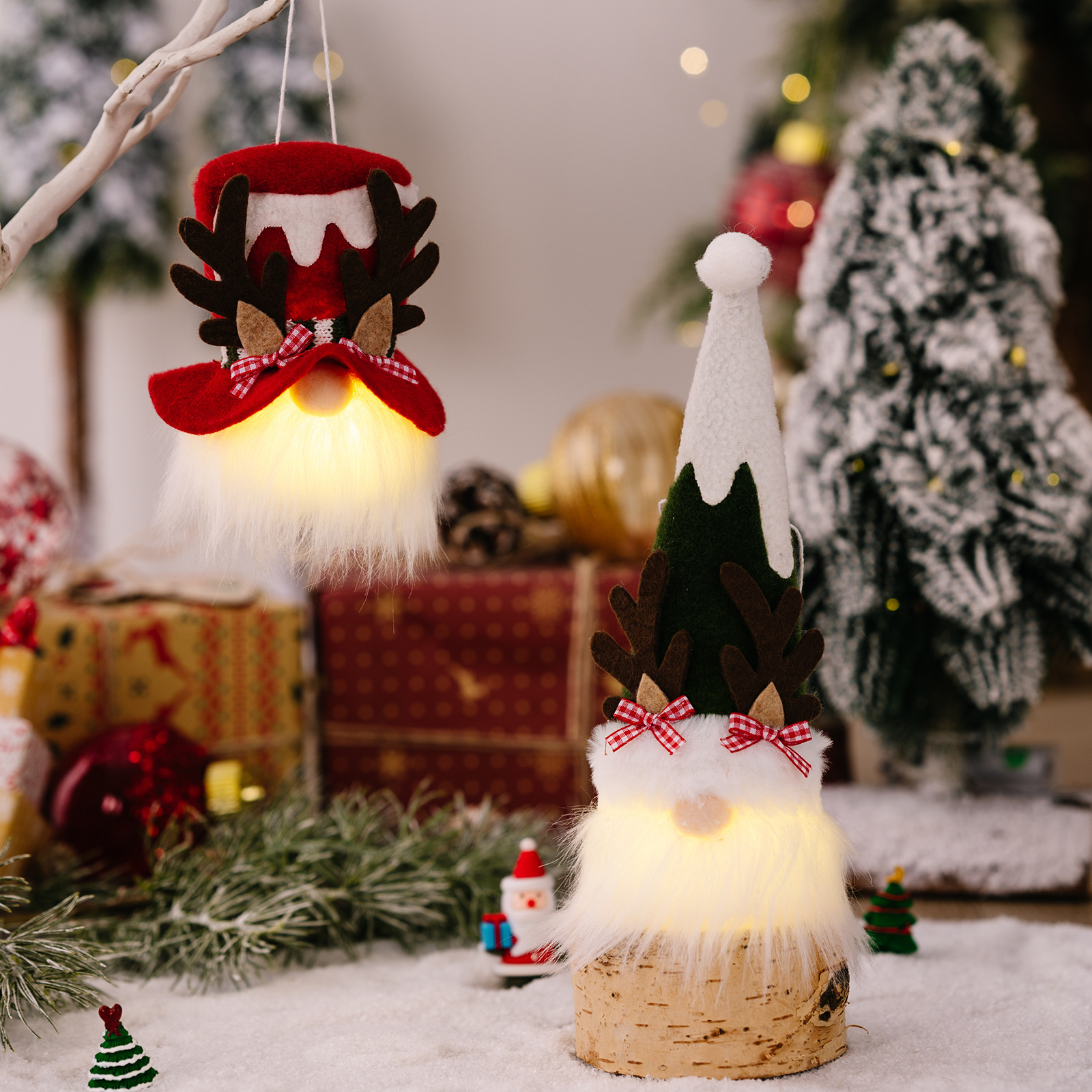Christmas Decoration Reindeer Antler Bow Rudolph Light-Up Plush Ornament Holiday Atmosphere Hanging Decor — image 3