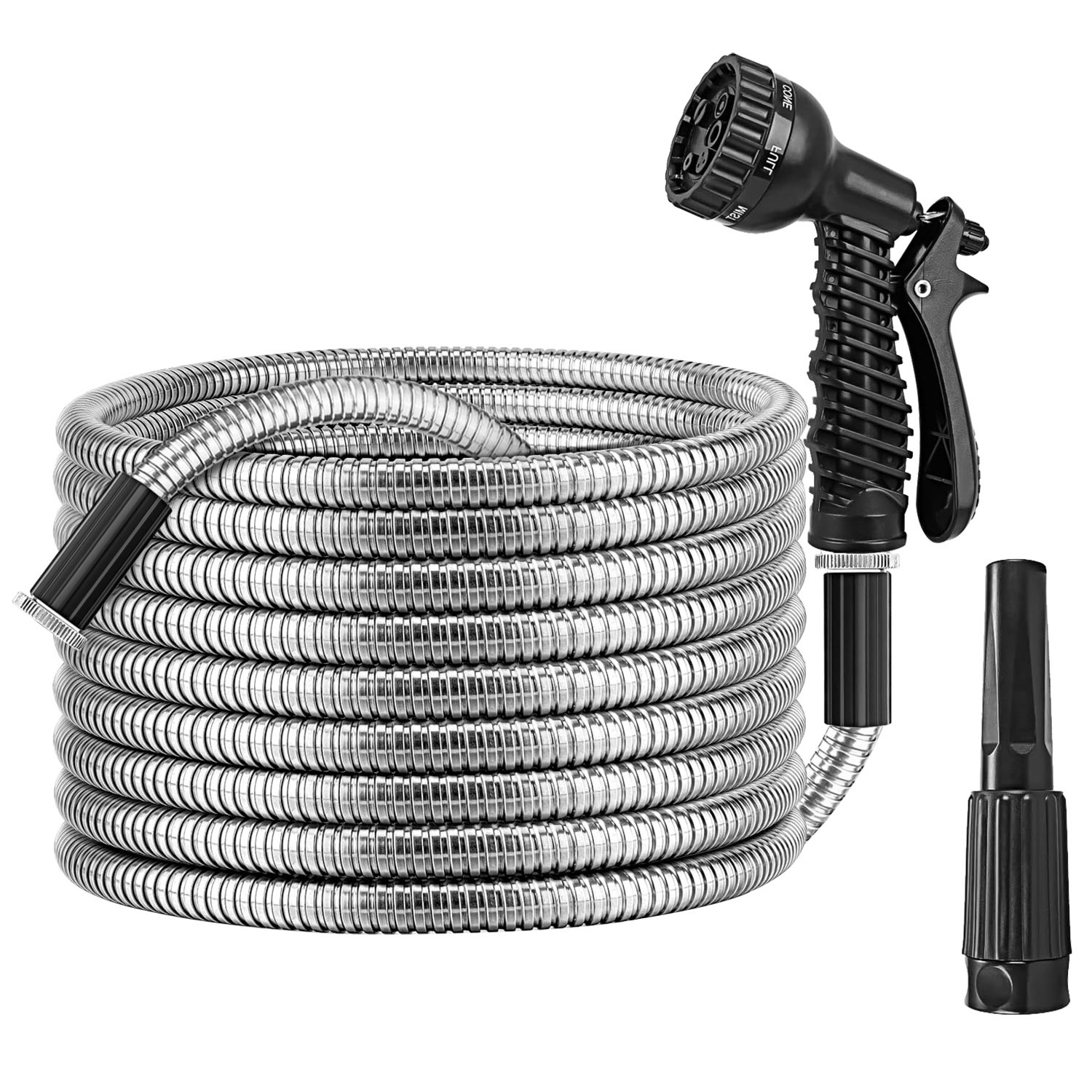 Manguera de Jardín de Acero Inoxidable Ultra Resistente, Opciones de 25FT-50FT-100FT, Kit de Riego con Manguera Metálica, 2 Boquillas, 12 Patrones, Flexible, Extensible, Resistente a Nudos, Enredos y Punciones, a Prueba de Perros — imagen 8