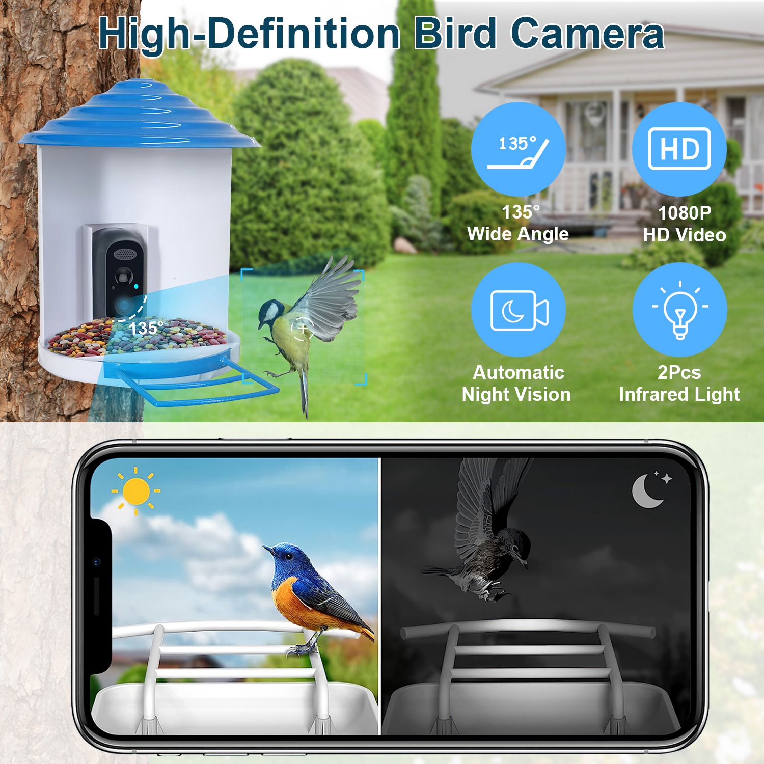 Alimentador Inteligente de Pájaros con Cámara Solar 1080p HD Reconocimiento AI de Pájaros Función de Movimiento Automático Grabación de Video Almacenamiento en la Nube Tarjeta WiFi Conexión App Control IP65 Resista a la Lluvia — imagen 8