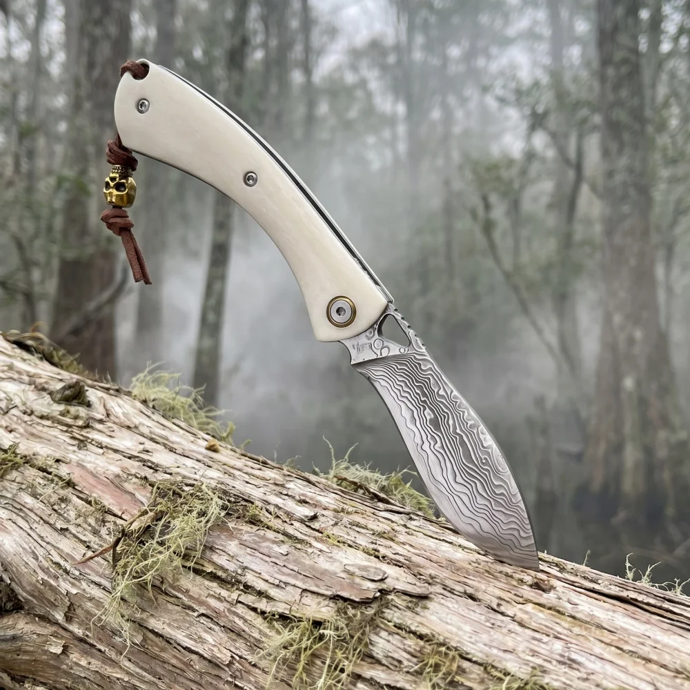 EDC Climbing Emergency Tools Damascus Outdoor Camping Essential Portable Folding Knife with Lanyard Preferred Fishing Mini Knife — image 1