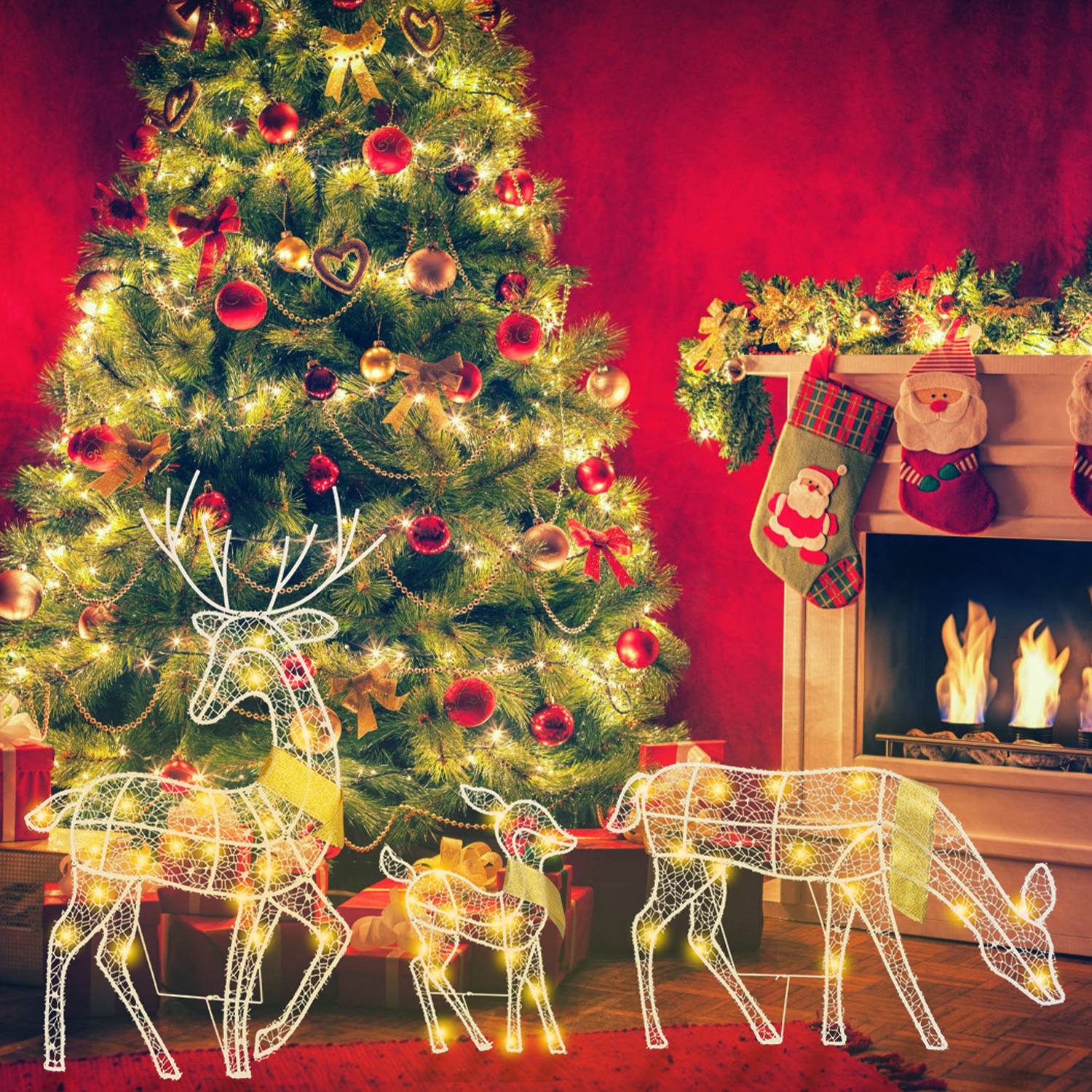 3 Sets de Familia de Renos Navideños Iluminados 2D, Luz Amarilla Cálida con 3 Modos de Iluminación, Macho, Hembra y Cría, Decoración Navideña para Interior y Exterior — imagen 3