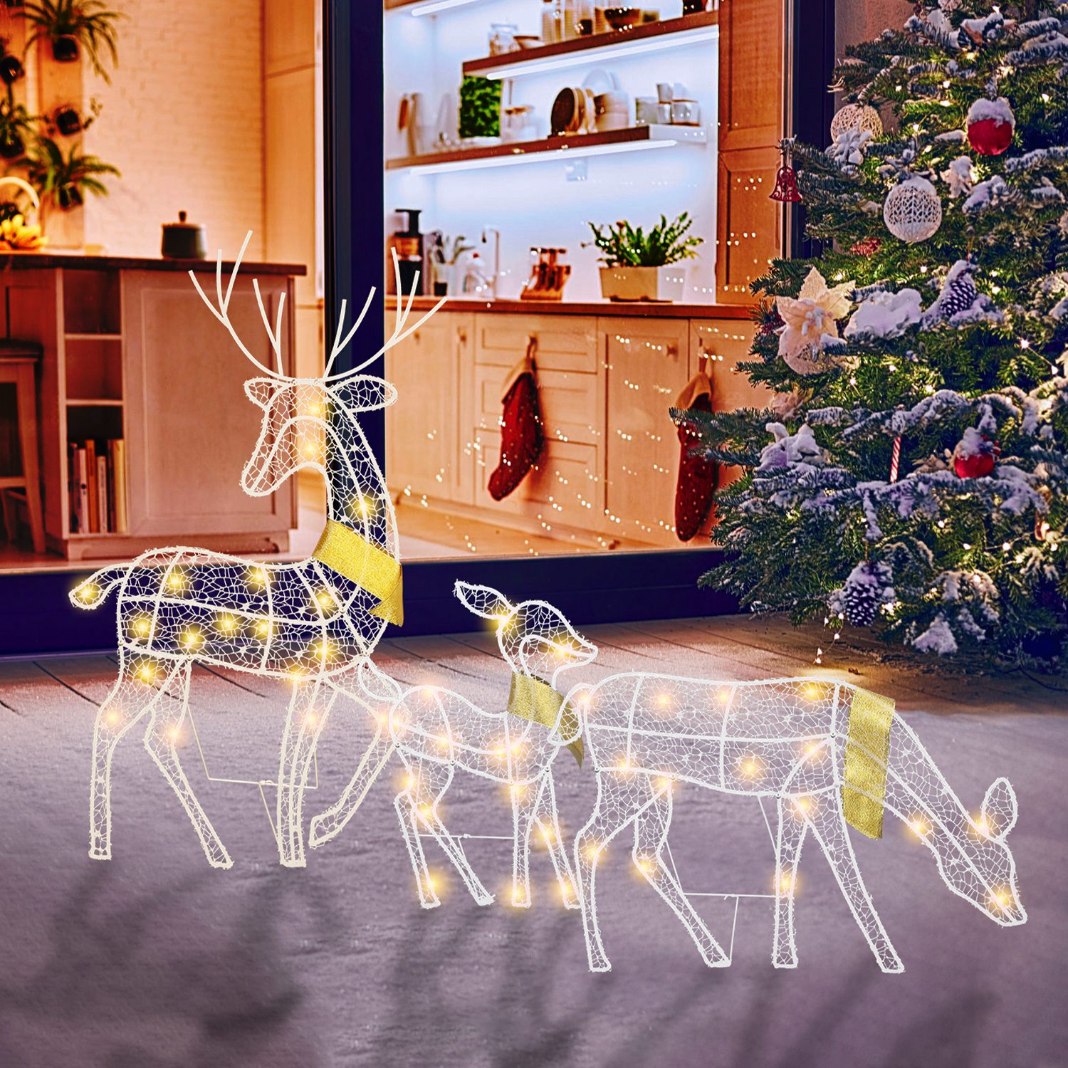 3 Sets de Familia de Renos Navideños Iluminados 2D, Luz Amarilla Cálida con 3 Modos de Iluminación, Macho, Hembra y Cría, Decoración Navideña para Interior y Exterior — imagen 4