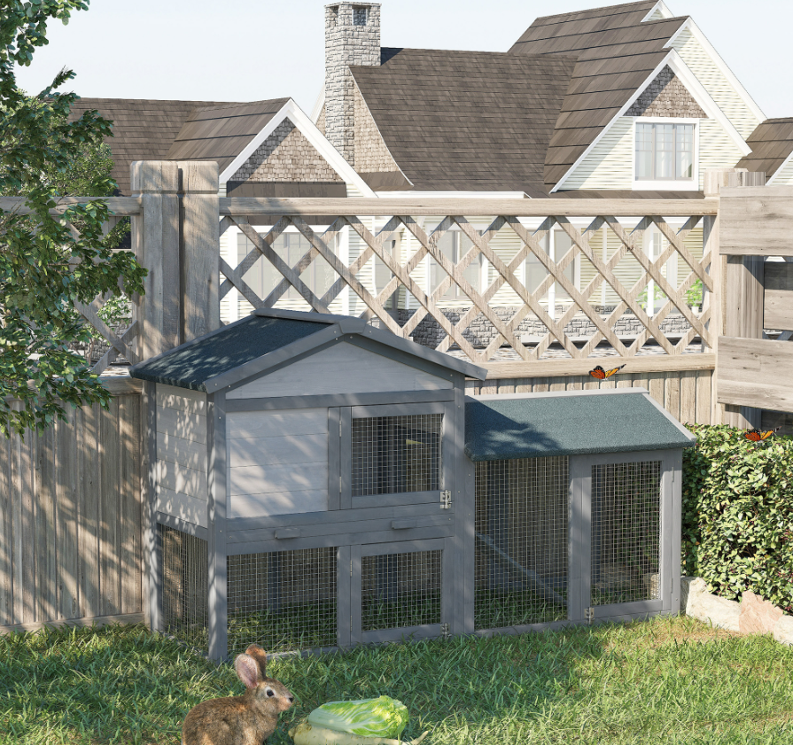 Casa para Conejos al Aire Libre - Jaula de Madera con Área de Ejercicio y Suelo Retirable, Techo Asfáltico con Puertas Conectables y Rampa Gris — imagen 1