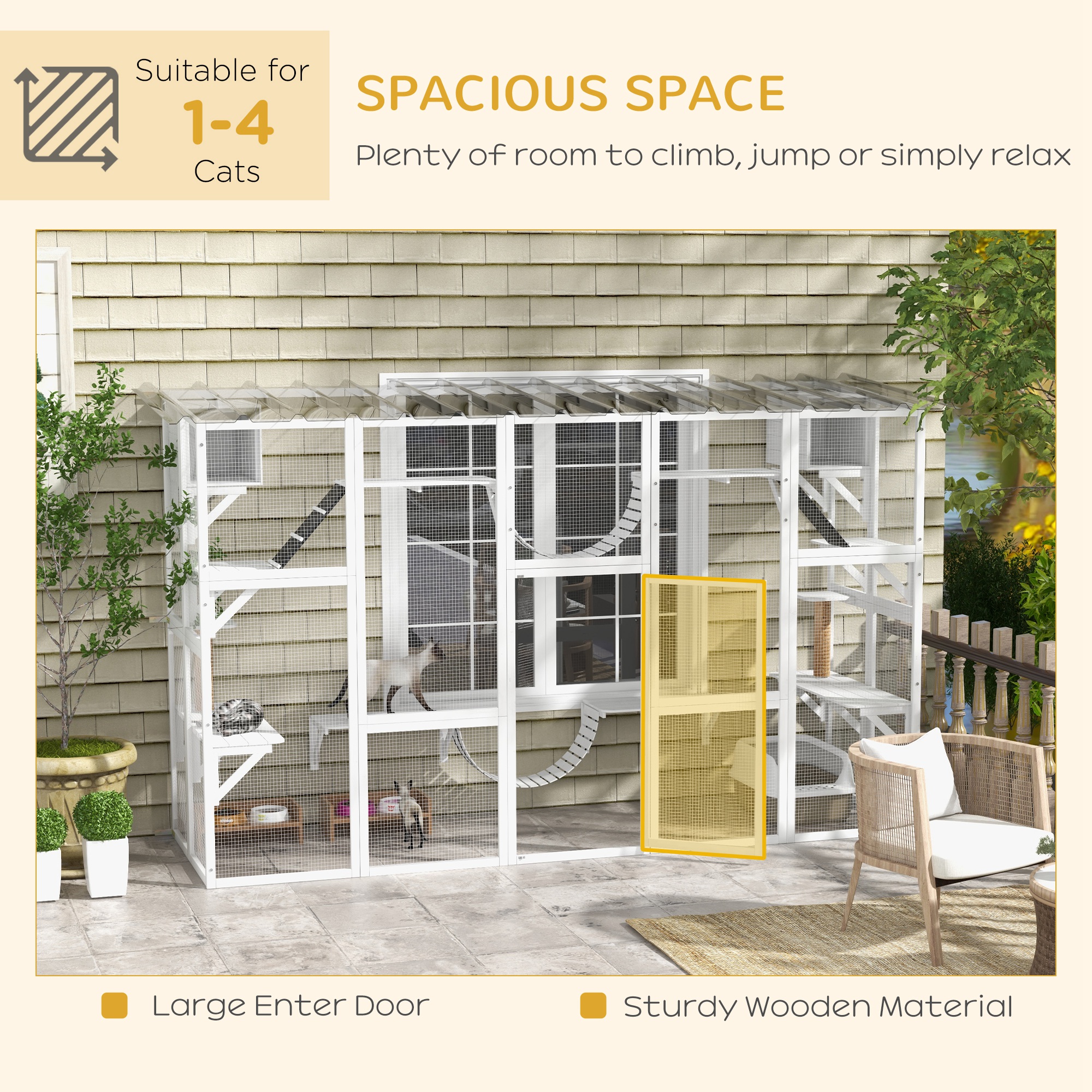 118" Gran Catio al Aire Libre para Gatos con Condominios, Puentes y Postes, Blanco — imagen 4