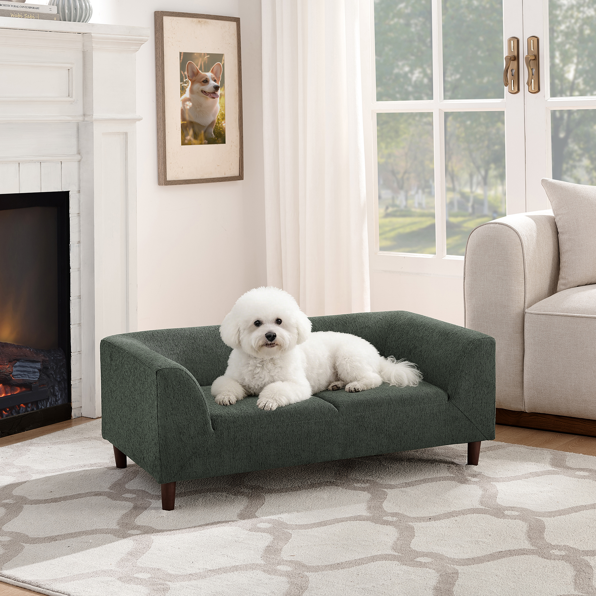Silla para Mascotas con Apoyabrazos y Espaldar: Sofá Moderno Rectangular para Perros Pequeños y Medianos, Mueble de Almohadón Suave para Canes Comodos, -VERDE OLIVA — imagen 4