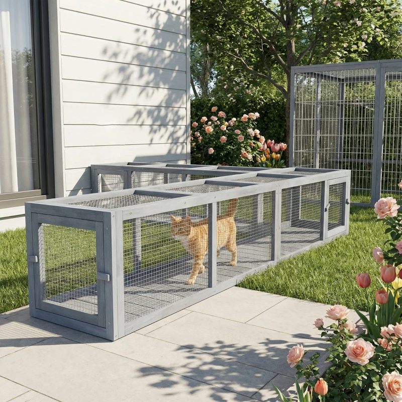 PawHut Wooden Cat Run With Weather Protection, Connecting Inside And Outside, Dark Gray — imagen 4