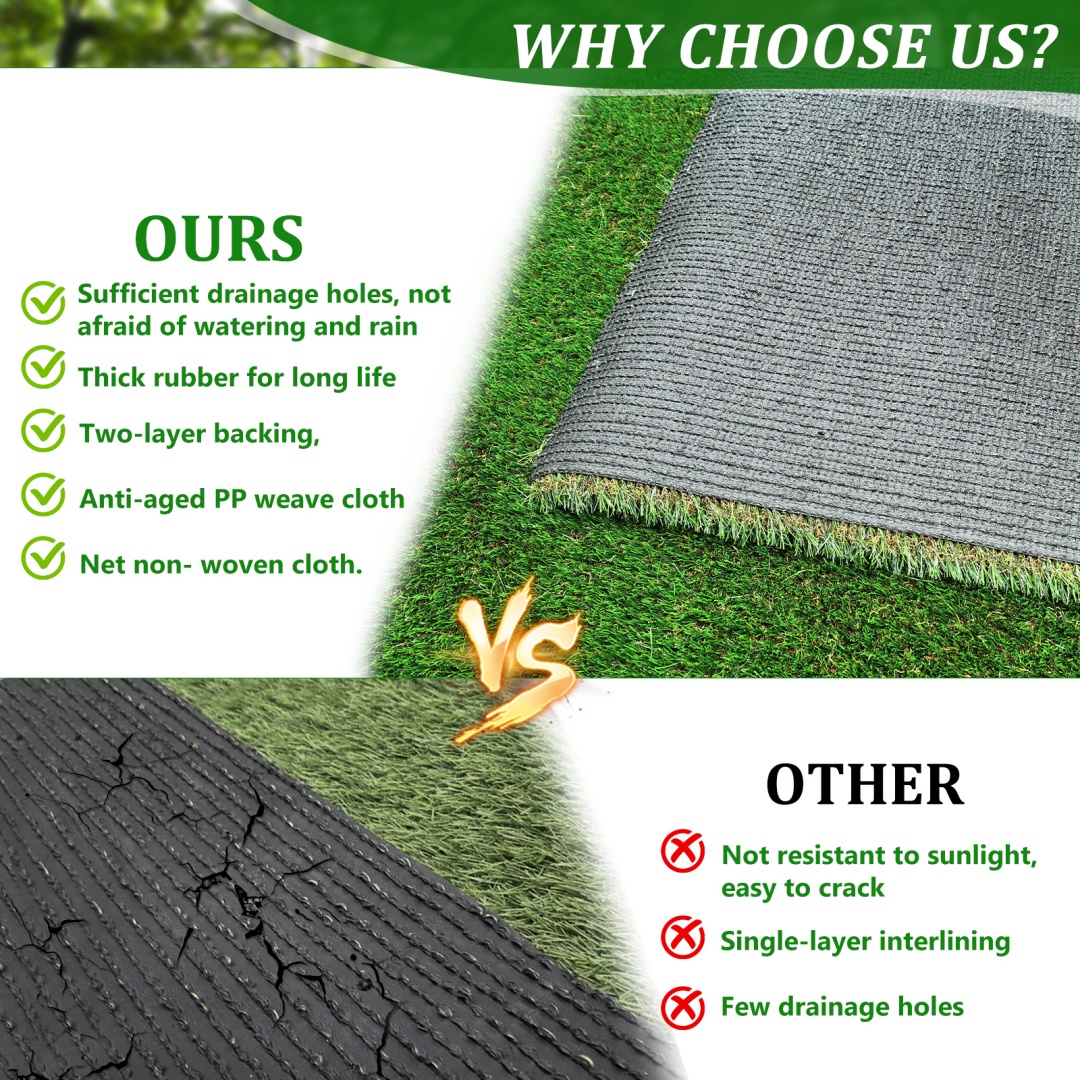 Alfombra de Césped Artificial para Exterior de 3FTx10FT, Rollo de Pasto Falso Grueso y Realista para Decoración de Patio, Balcón y Jardín, Tapete de Drenaje para Perros y Mascotas, 1.38" de Altura de Fibra — imagen 9