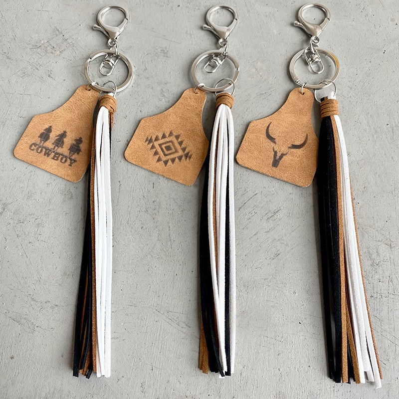 Western Cowboy Loss Prevention Device Aztec Bullhead Bull Brand Leather Keychain Leather Tassel Popular Pendant — image 1