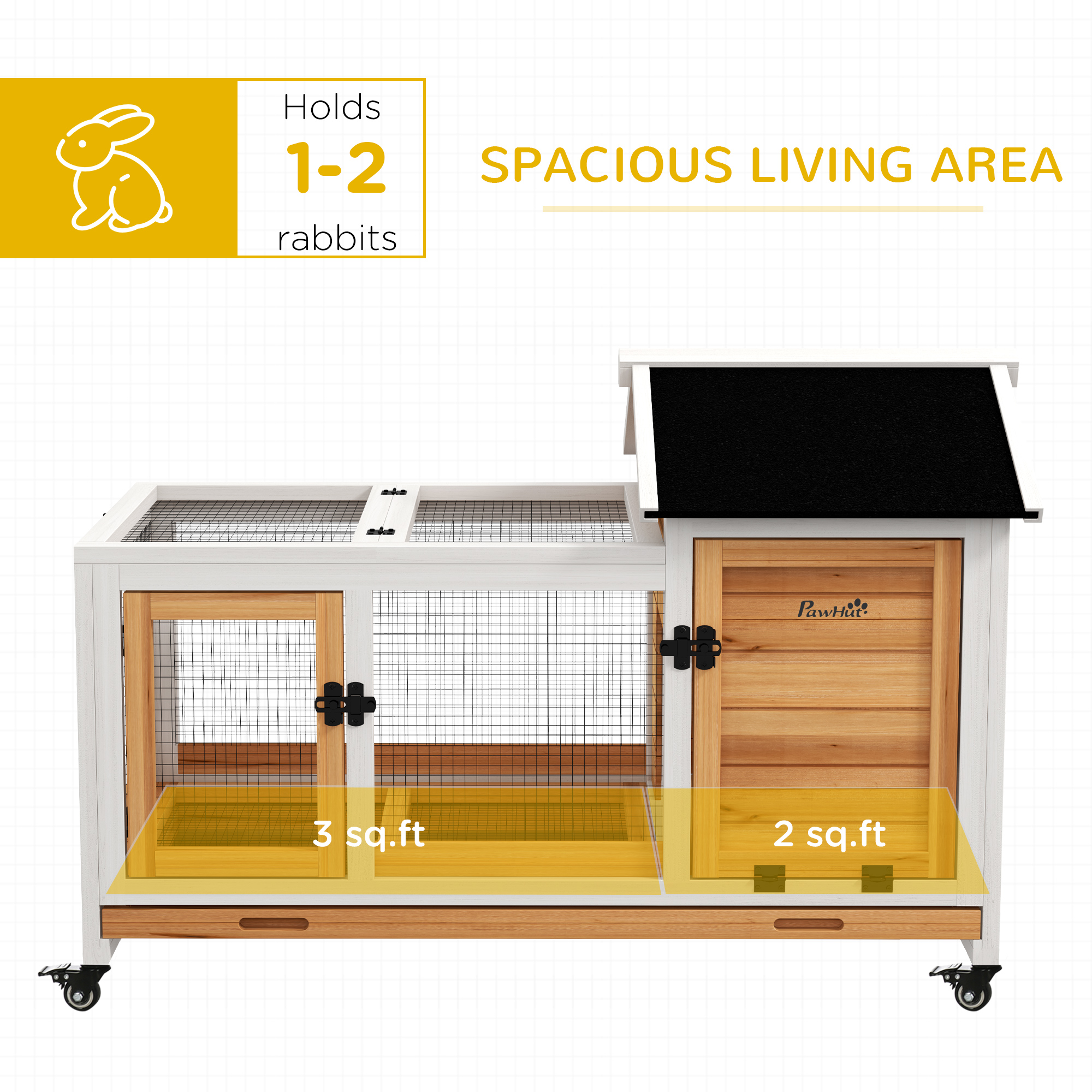Wooden Rabbit Hutch with Wheels, Run, Slide-out Tray for Small Animals, Guinea Pig, Yellow — imagen 6