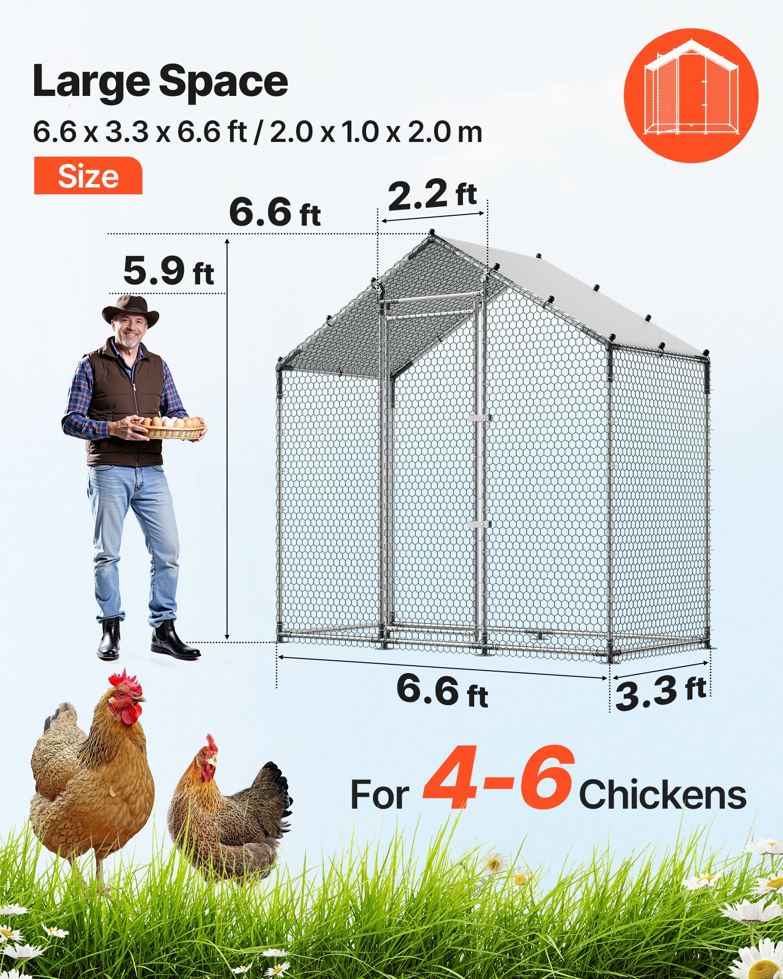 Casa de Pollos Metálica Grande, 6.6 x 3.3 x 6.6 Ft, Acceso Peatonal con Cubierta Impermeable y Estructura Rígida, Techo de Espiga para Pavo, Caja de Gallinas para Conejo, Ganso y Pavos en Patio Exterior Rural — imagen 4