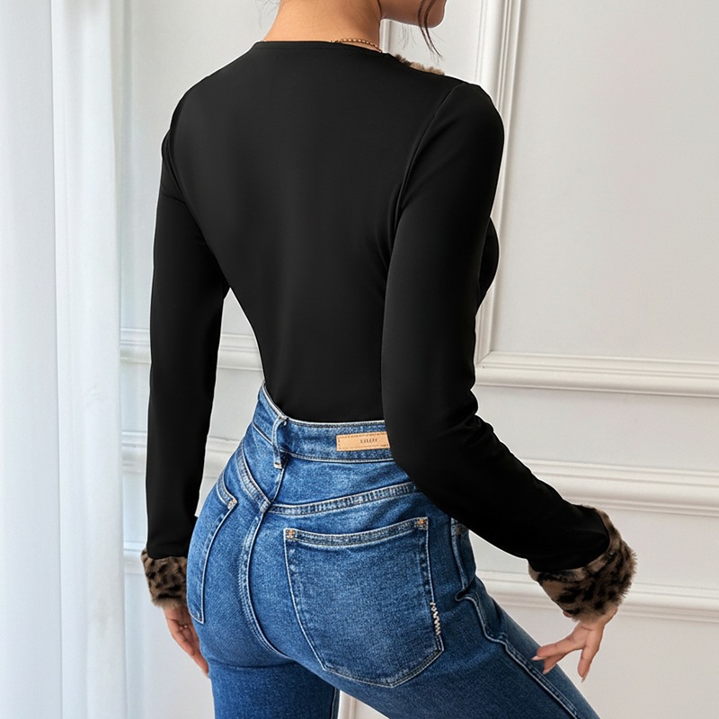 Leopard Print Long Sleeve Splicing V-Neck Women's Jumpsuit — image 6