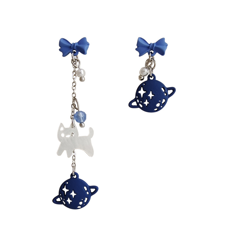 Pendientes de aguja de plata S925 Klein Blue Bow, asimétricos, de gato, largos — imagen 6