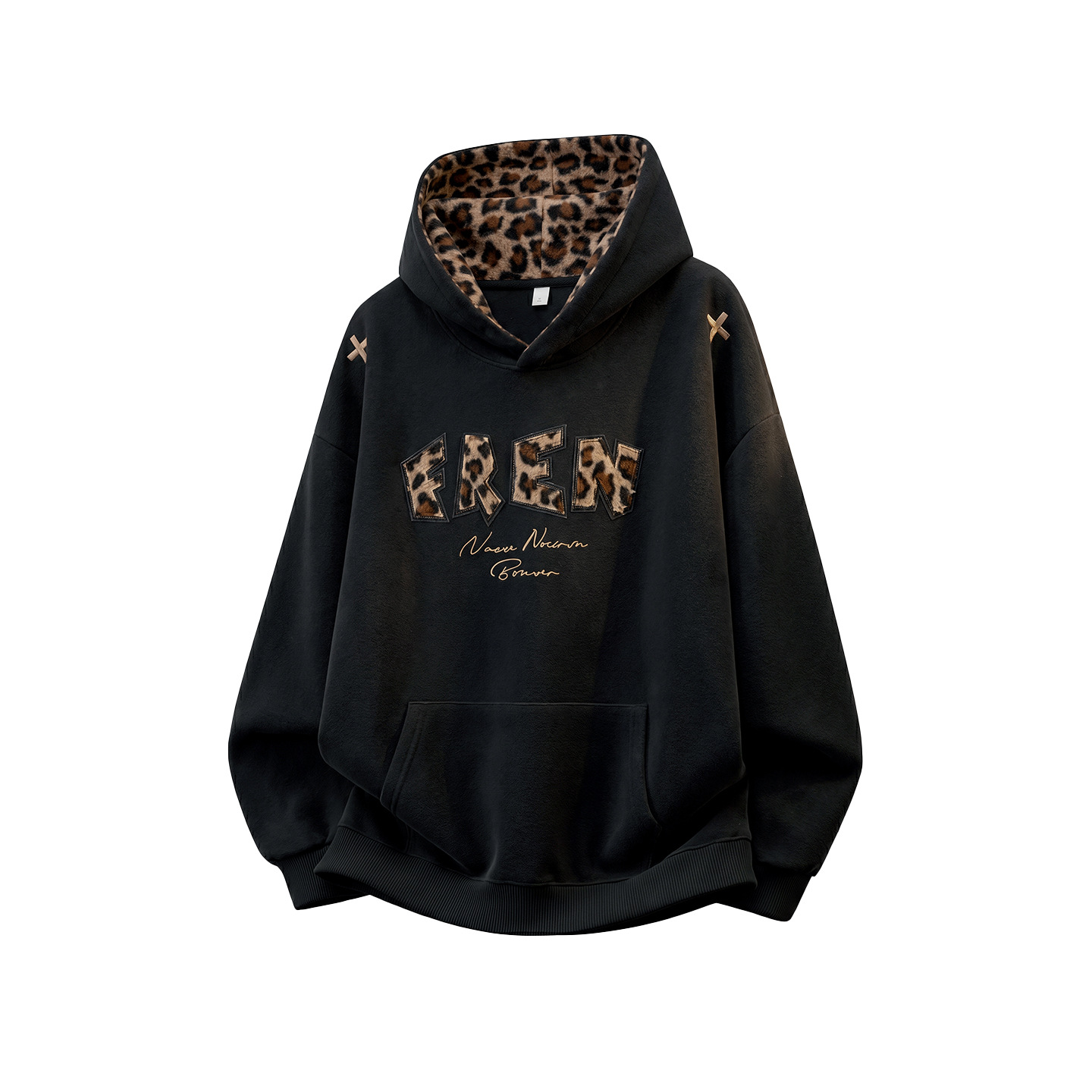 Heavyweight Texture Leopard Applique Hoodie for Men, Autumn Patchwork Casual Trendy Hooded Sweatshirt — image 6