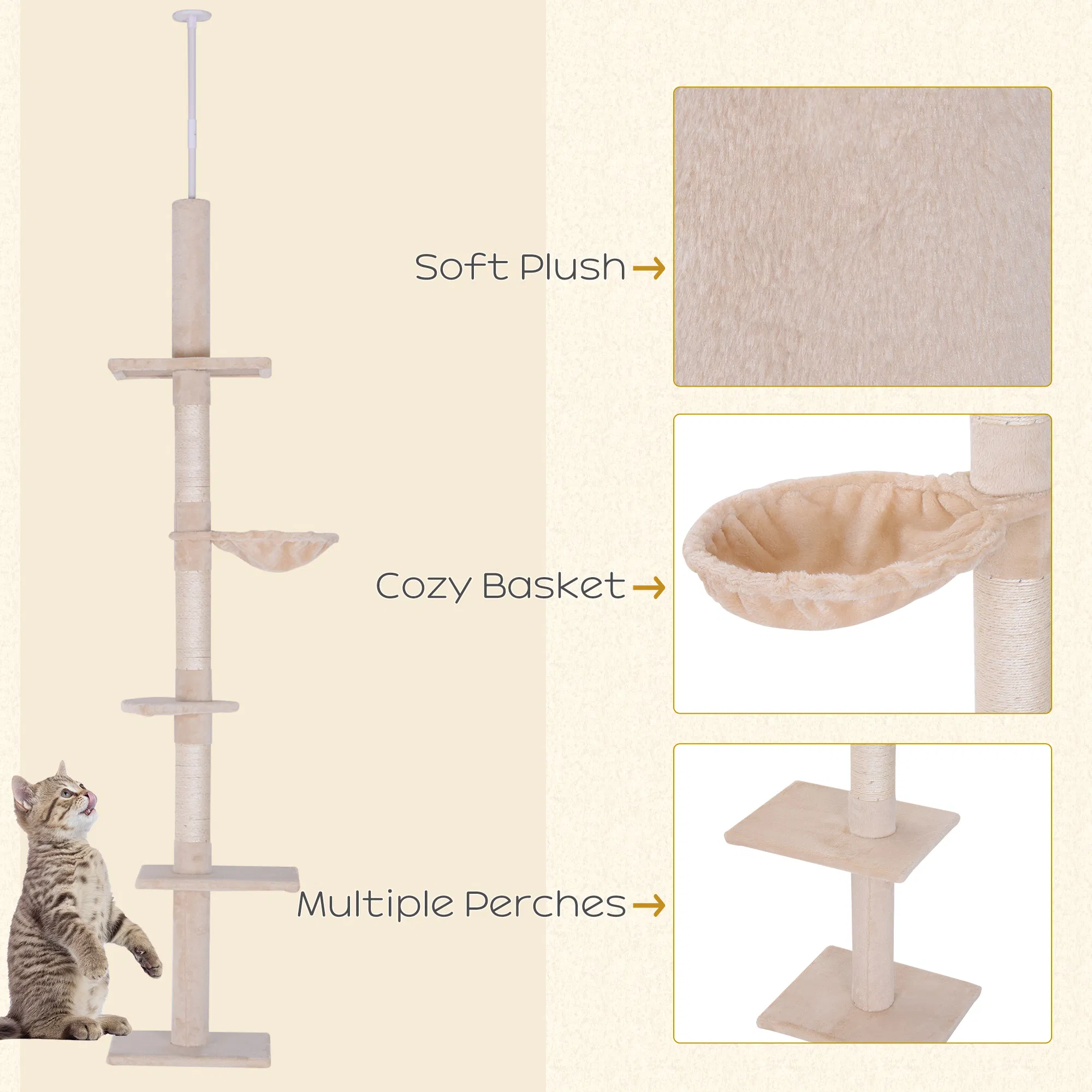 Cat Climbing Tree 5-Tier Kitty Activity Center with Scratching Post Beige — image 3