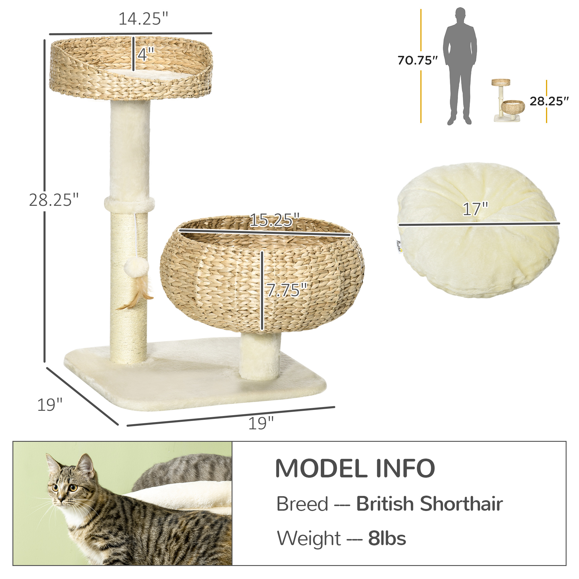 28" Elevated Cat Bed with Sisal Scratching Post for Indoor Kitties, Modern Cat Tree with Cute Basket Design, Small Cat Tree with Fun Ball Toy — image 7