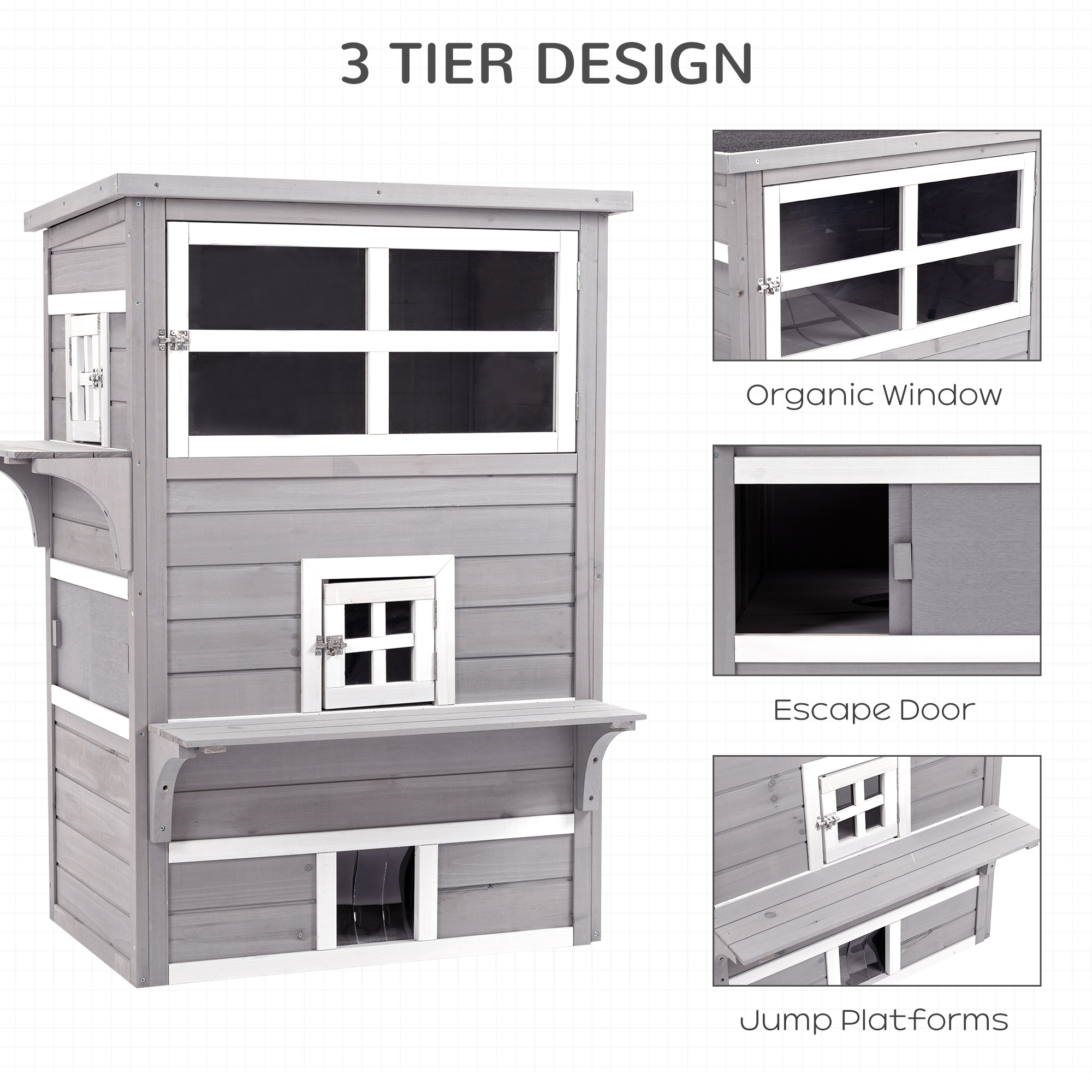 Casa de Jardín para Gatos, 3 Niveles con 5 Puertas de Escape, Resistente al Tiempo, Gris y Blanco — imagen 4