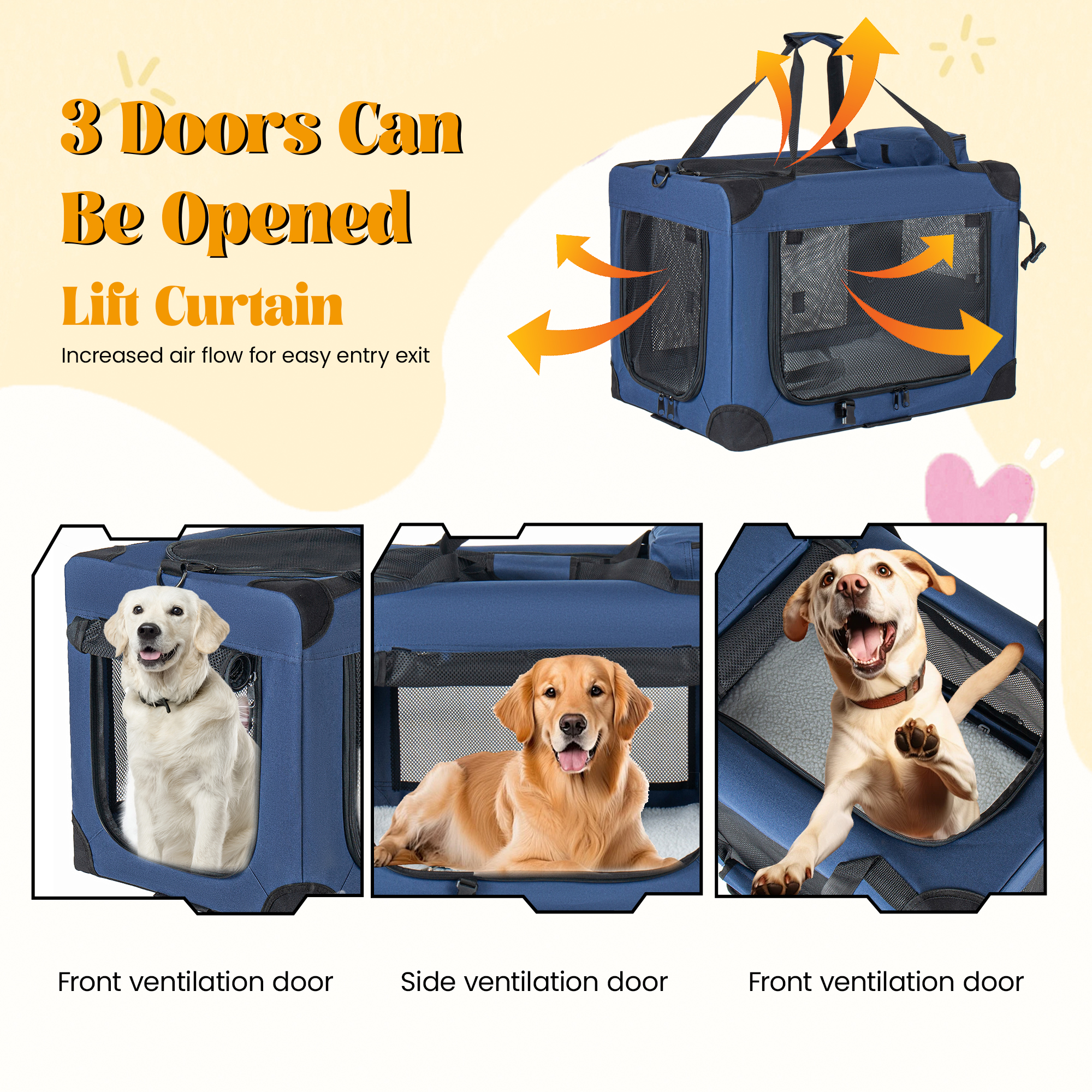 40 Soft Dog Crates Kennel, 3-Door Portable Folding Pet Carrier With Mesh Windows, Straps And Fleece Mat For Dogs, Cats, Rabbits, Meeting The Needs For Indoor, Outdoor, And Travel Use, Dark Blue — imagen 2