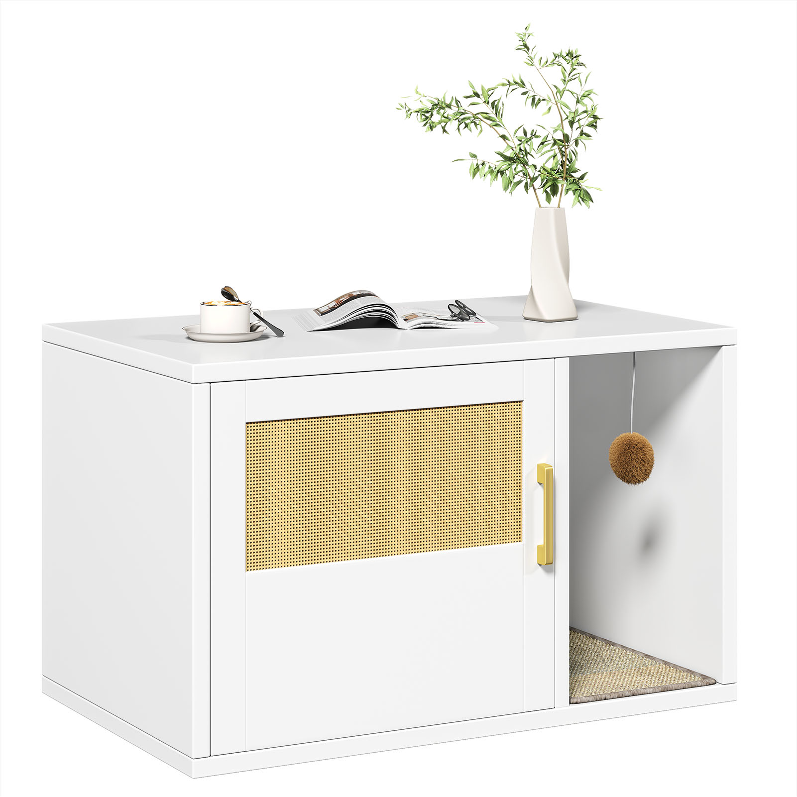 Caja de Limpieza para Gatos Multifuncional de Diseño Blanco Moderno Casa para Gatos con Lavabo y Mesa de Sílabo para Dormitorio y Salón — imagen 29