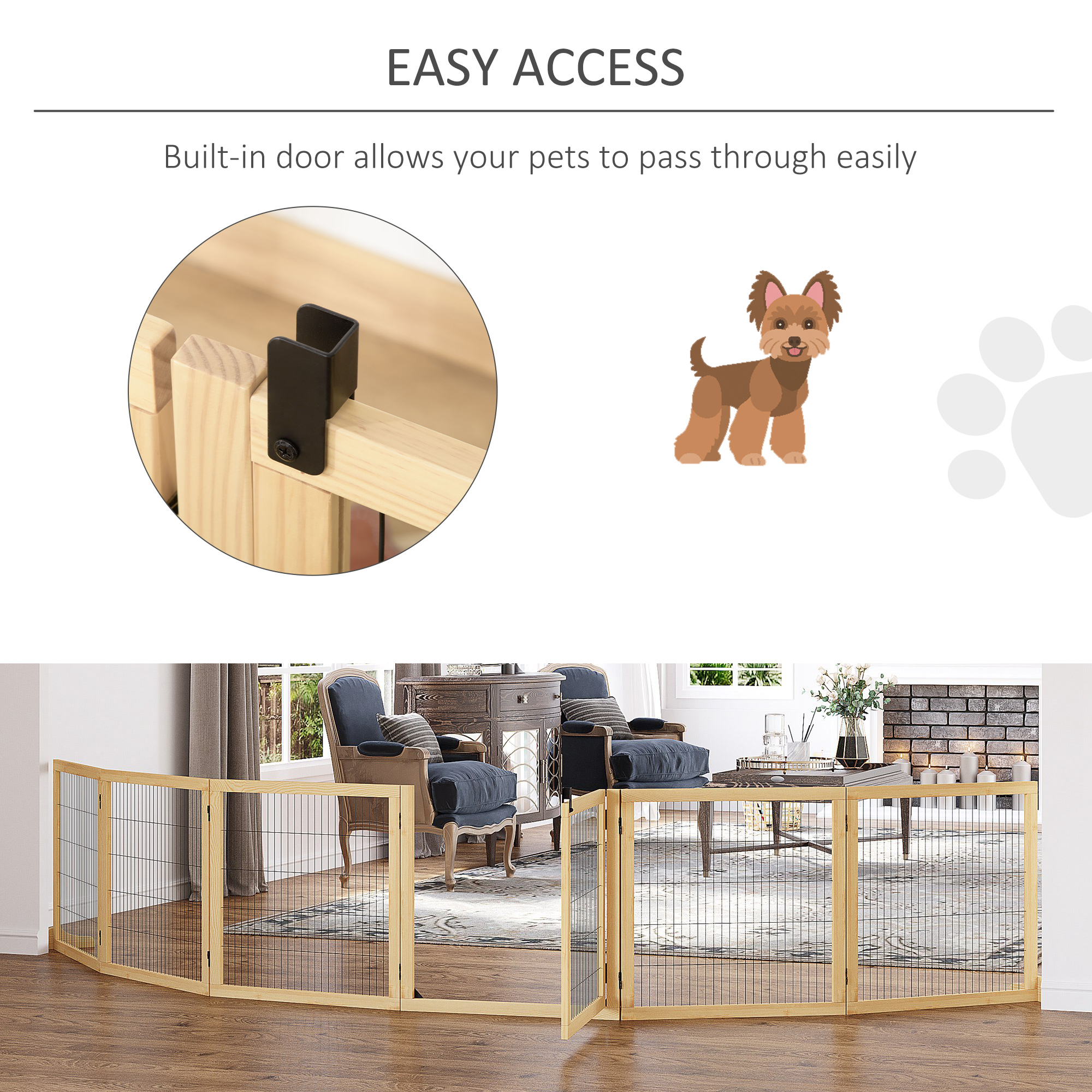 Wooden Pet Gate, 6-Panel Folding Dog Safety Barrier with Support Feet for Small & Medium Dogs, Natural Wood — image 6