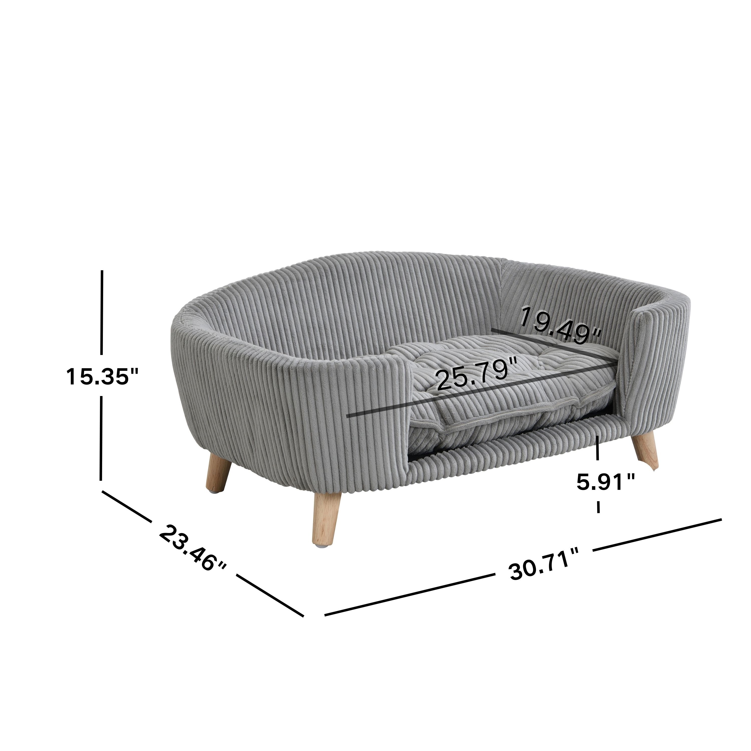 Elevated Dog Bed Frame for Small Dog, Corduroy Pet Couch Bed with Rubber Wood Legs and Supportive Foam, Grey, Easy Assembly — image 9